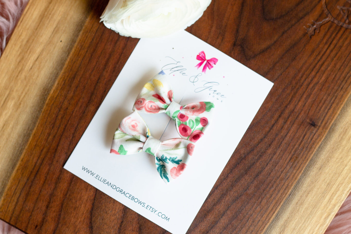 Floral Pigtail Hair Bow Set: Cream Cotton Hair Clips