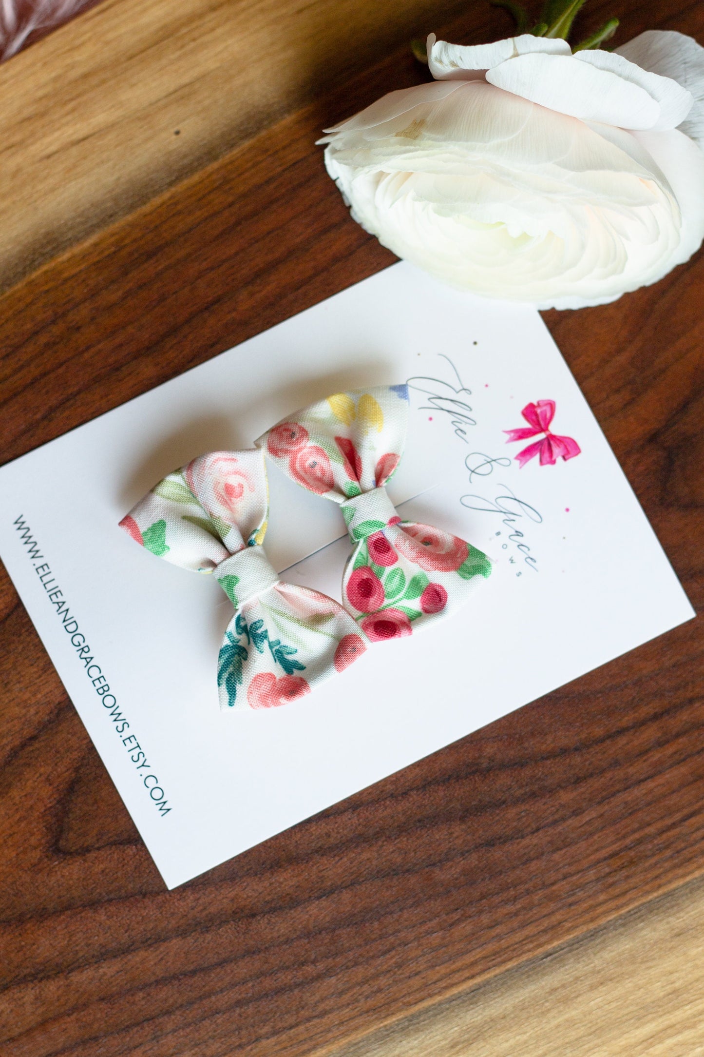 Floral Pigtail Hair Bow Set: Cream Cotton Hair Clips