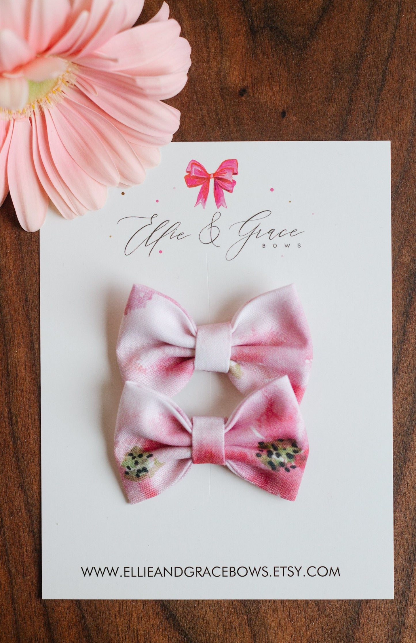 Floral Pigtail Bow Set: Watercolor Pink Cotton Hair Clips (2-inch)