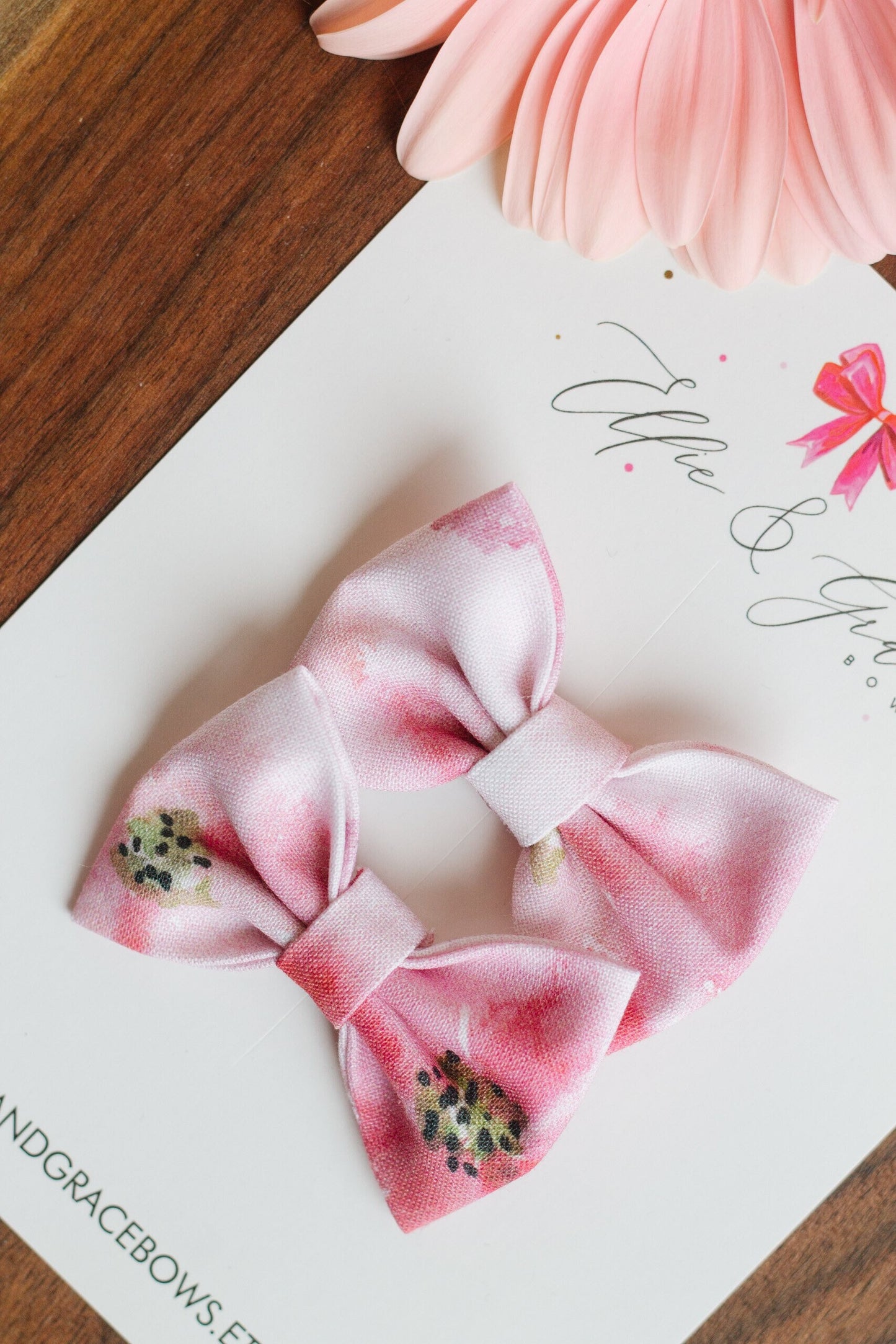 Floral Pigtail Bow Set: Watercolor Pink Cotton Hair Clips (2-inch)
