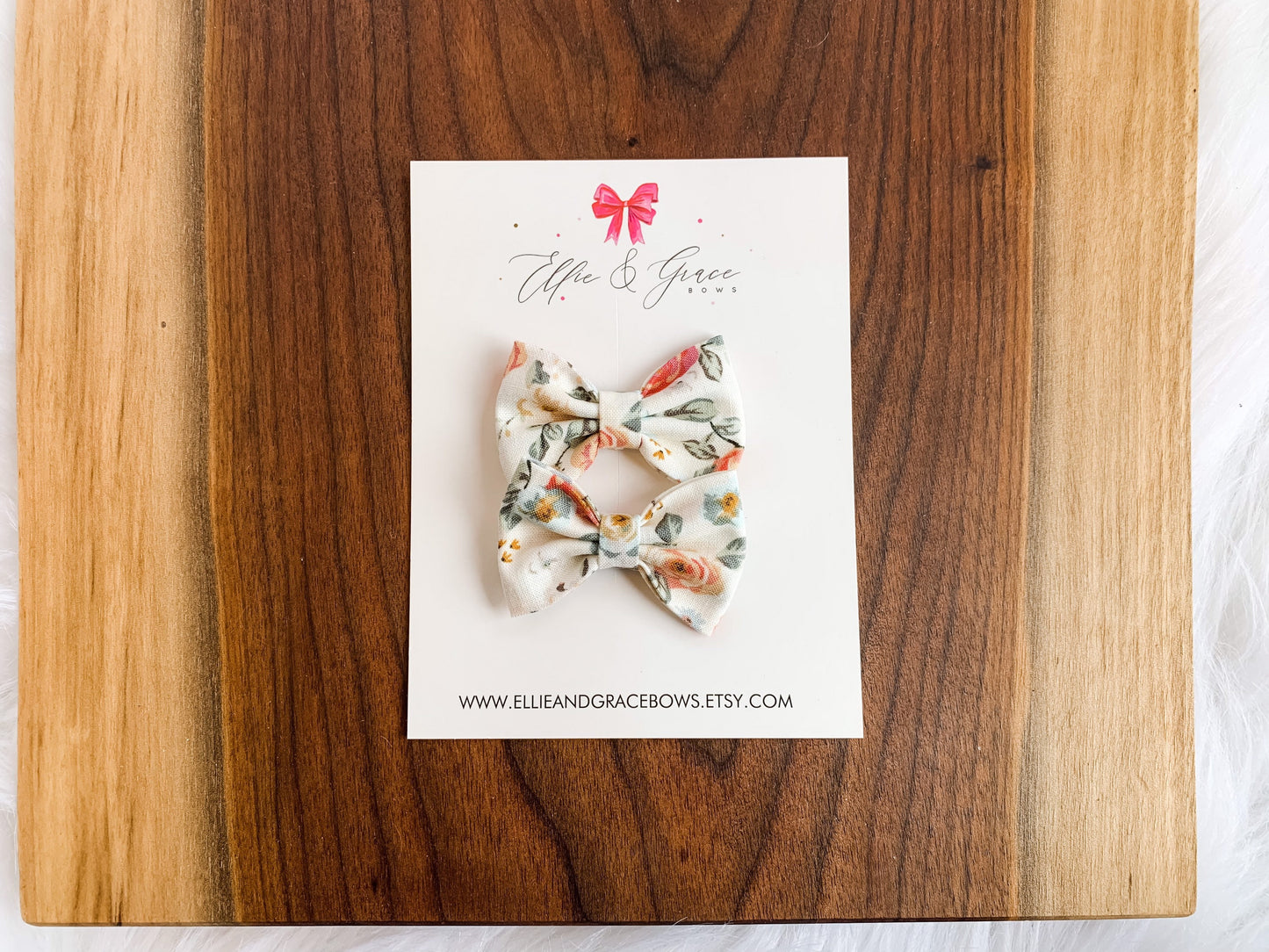 Floral Pigtail Bow Set: Antique White Cotton Hair Clips (2-inch)