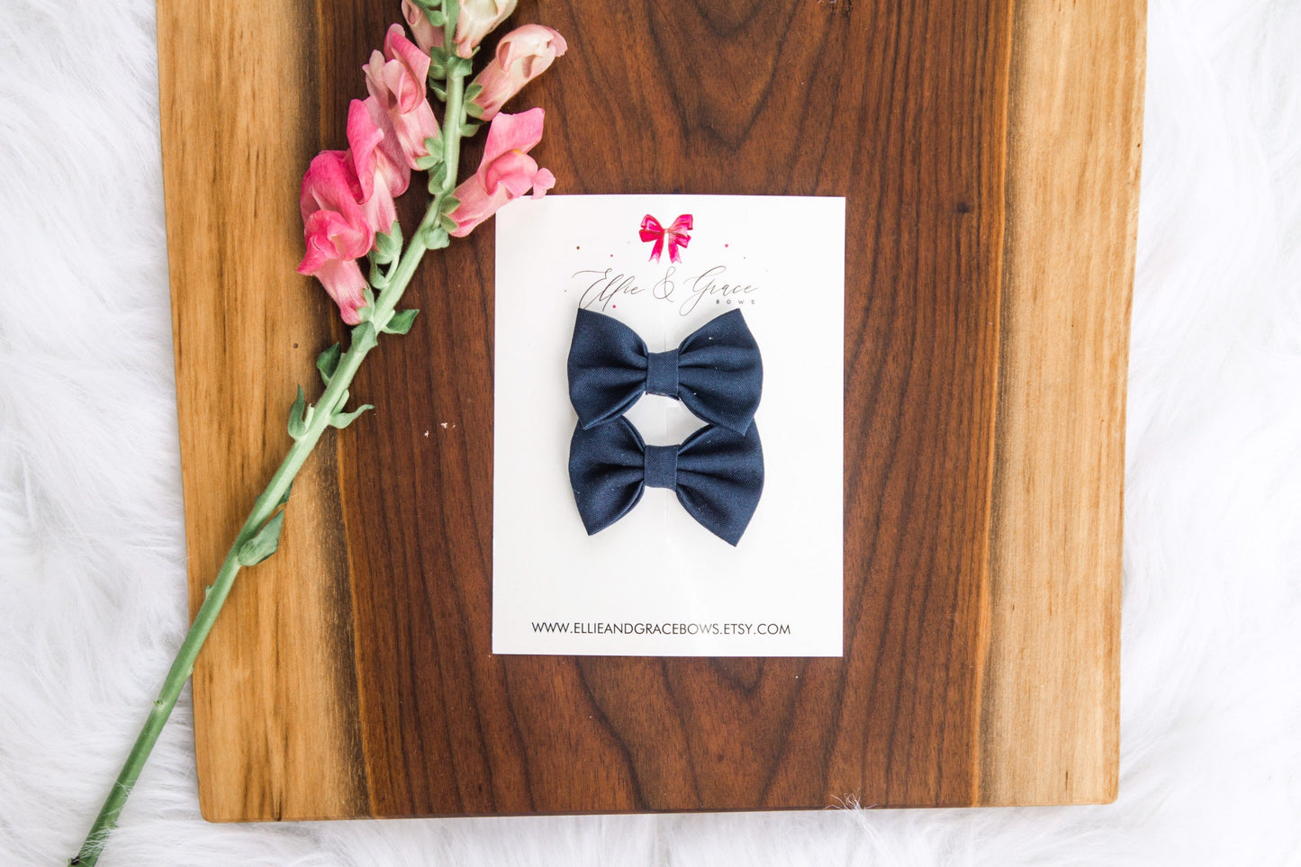 Navy Blue Cotton Pigtail Bow Set - 2 inch Hair Clips