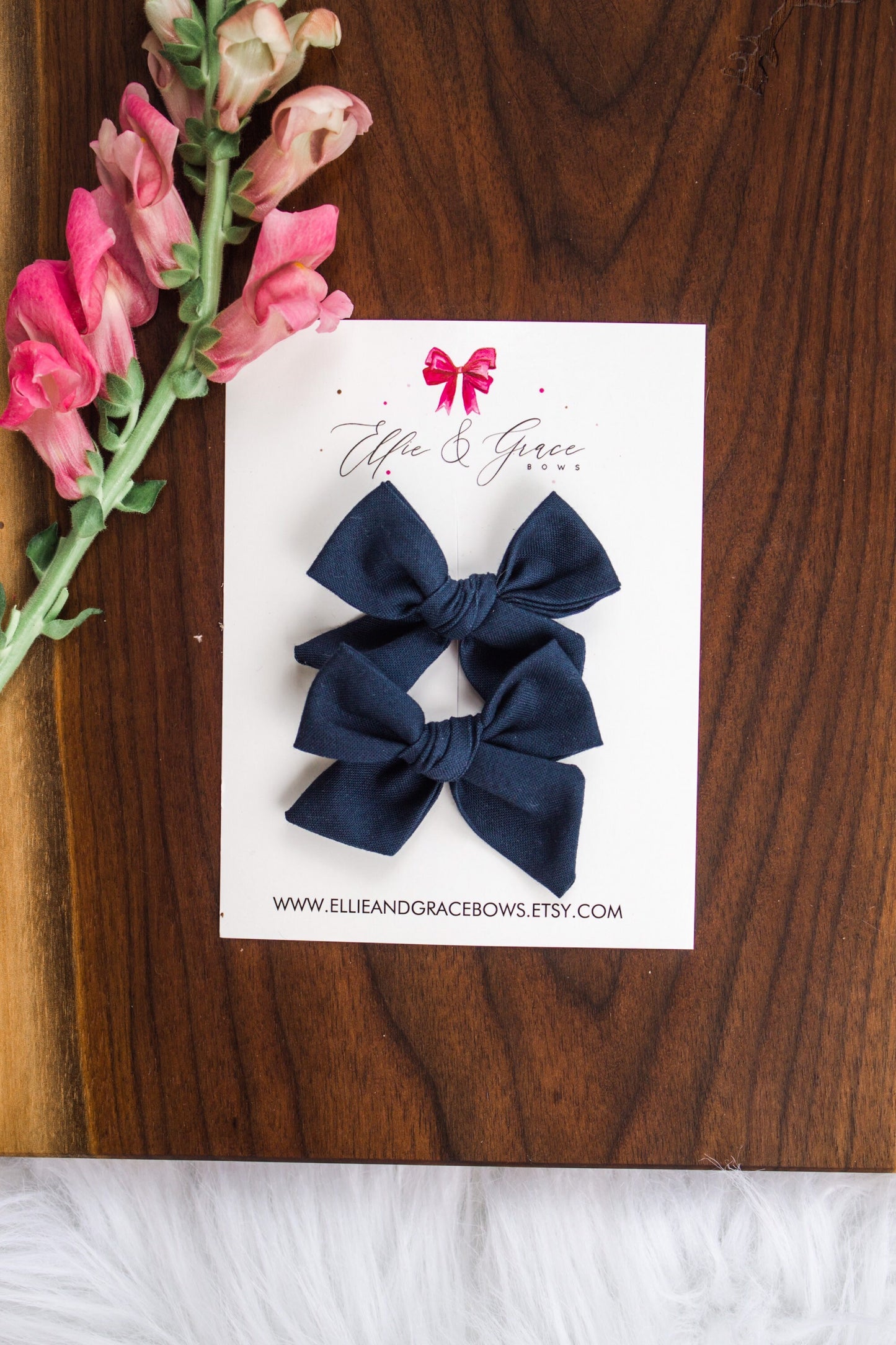 Navy Blue Cotton Hair Bows: Pigtail Clip Set