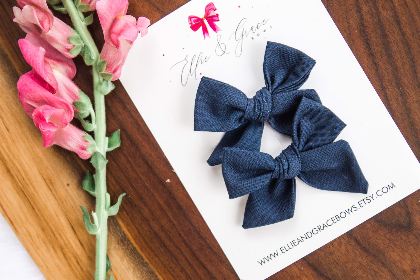 Navy Blue Cotton Hair Bows: Pigtail Clip Set