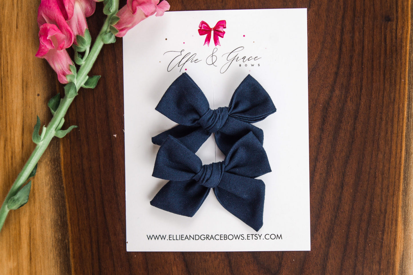 Navy Blue Cotton Hair Bows: Pigtail Clip Set