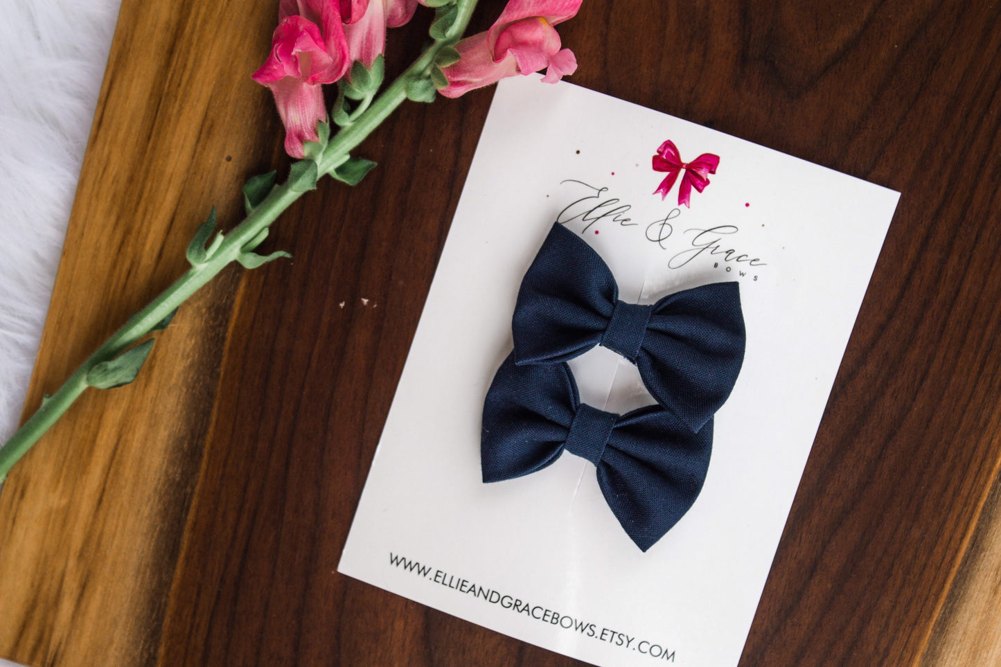 Navy Blue Cotton Pigtail Bow Set - 2 inch Hair Clips
