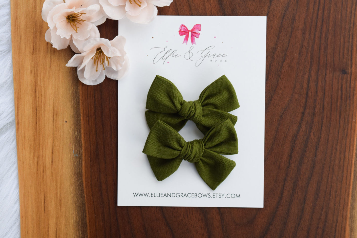 Dark Green Pigtail Bow Set: Cotton Hair Clips - 2.75 Inch