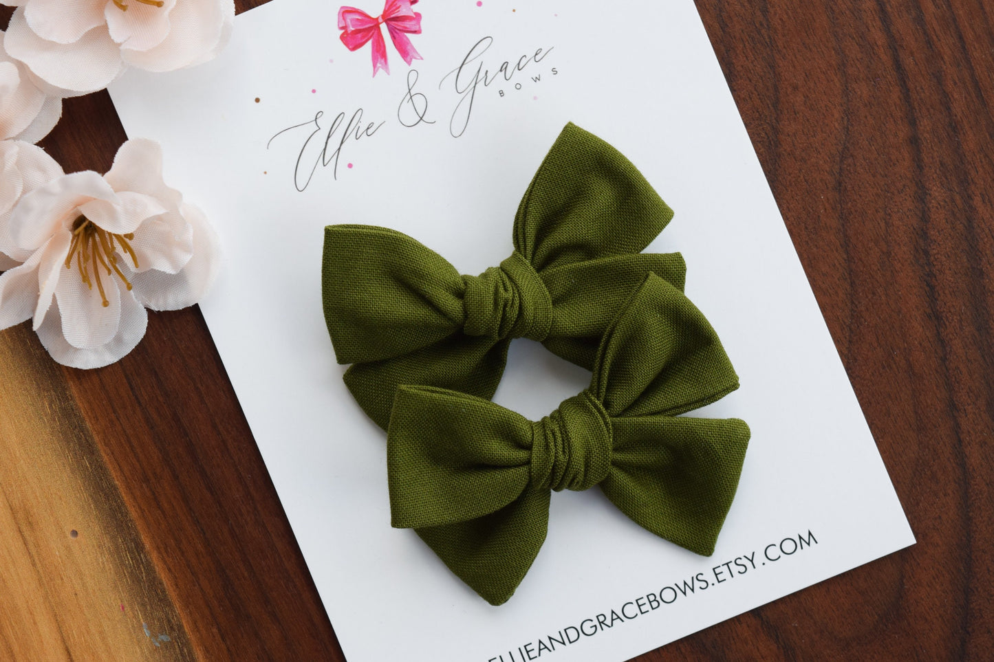 Dark Green Pigtail Bow Set: Cotton Hair Clips - 2.75 Inch
