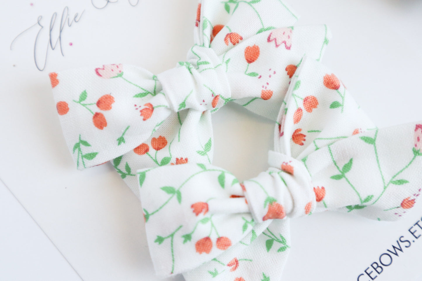 Floral Pigtail Bows: White & Red Cotton Hair Clips (Set of 2)