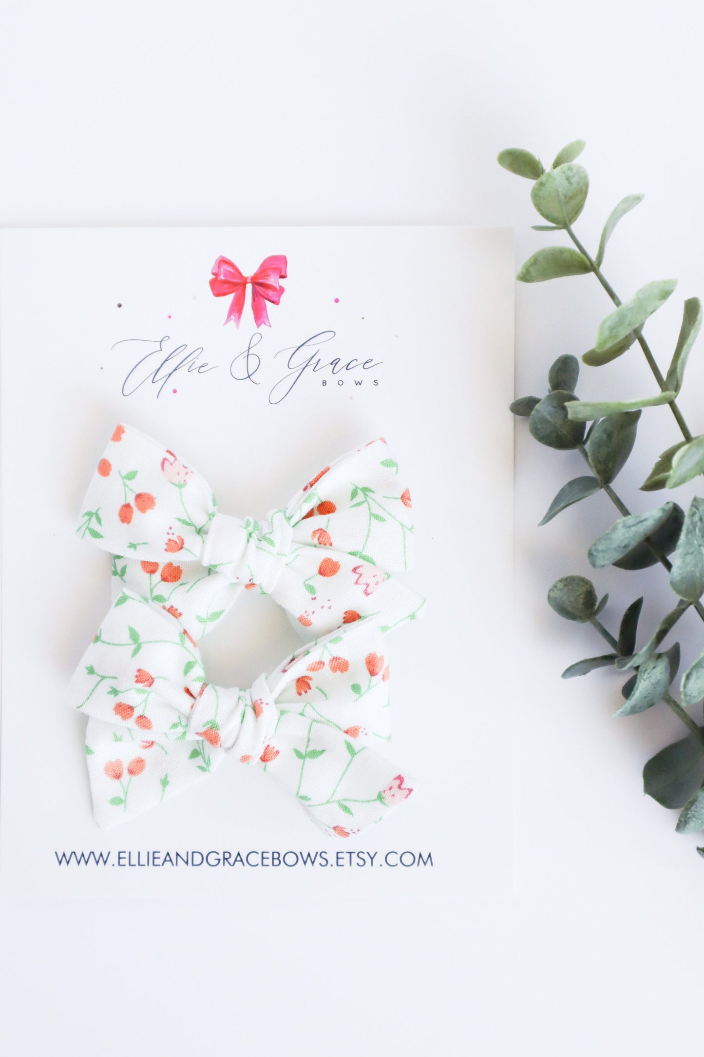 Floral Pigtail Bows: White & Red Cotton Hair Clips (Set of 2)
