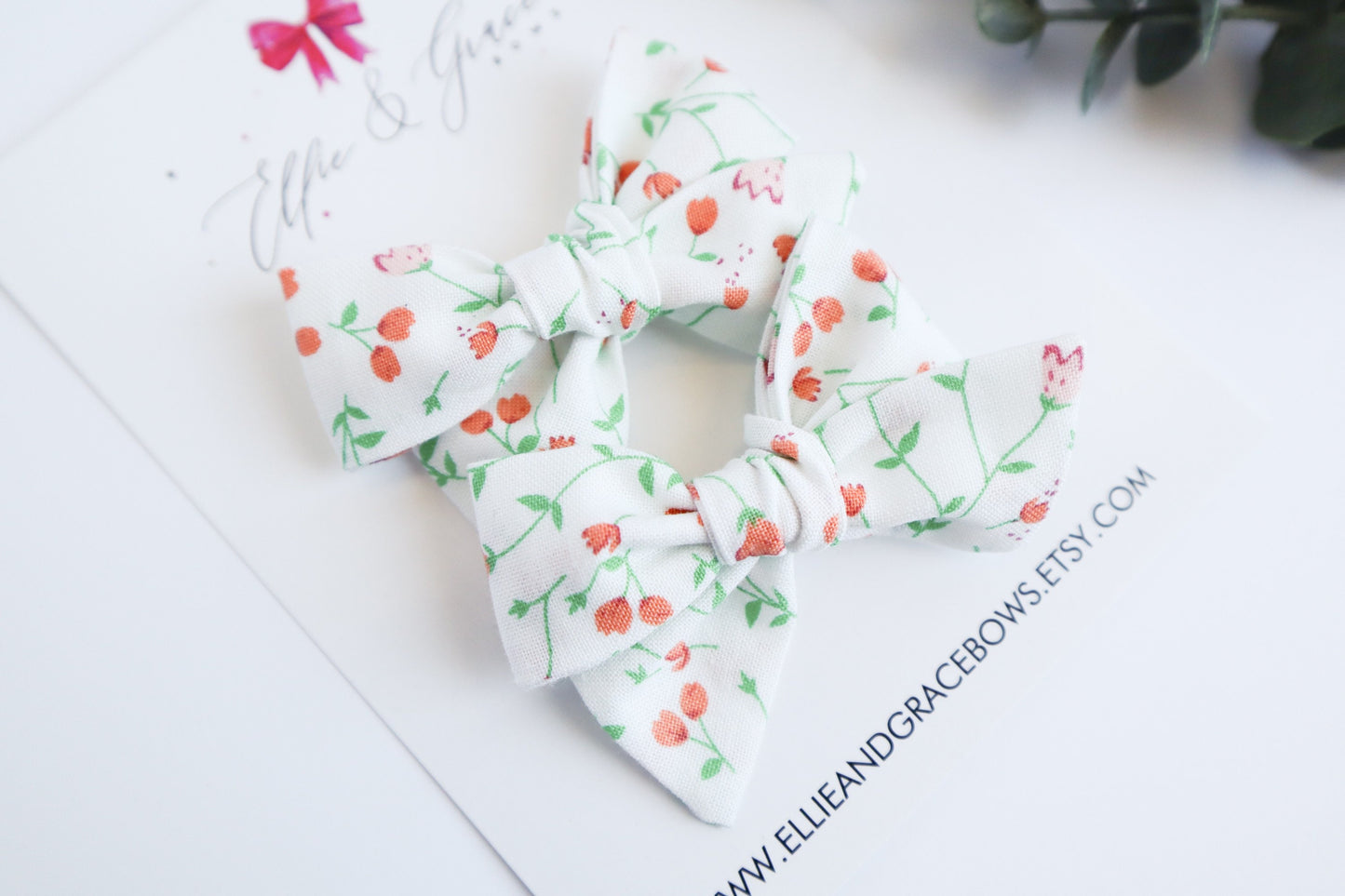 Floral Pigtail Bows: White & Red Cotton Hair Clips (Set of 2)