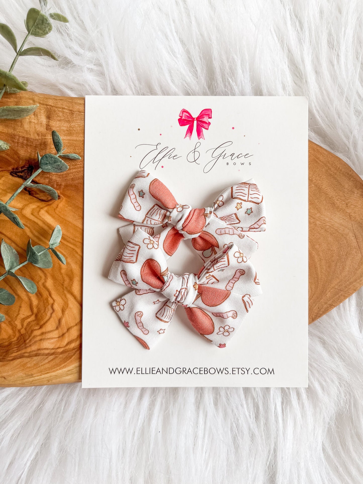 Back to School Pigtail Bows: Books & Apples Cotton Hair Clips