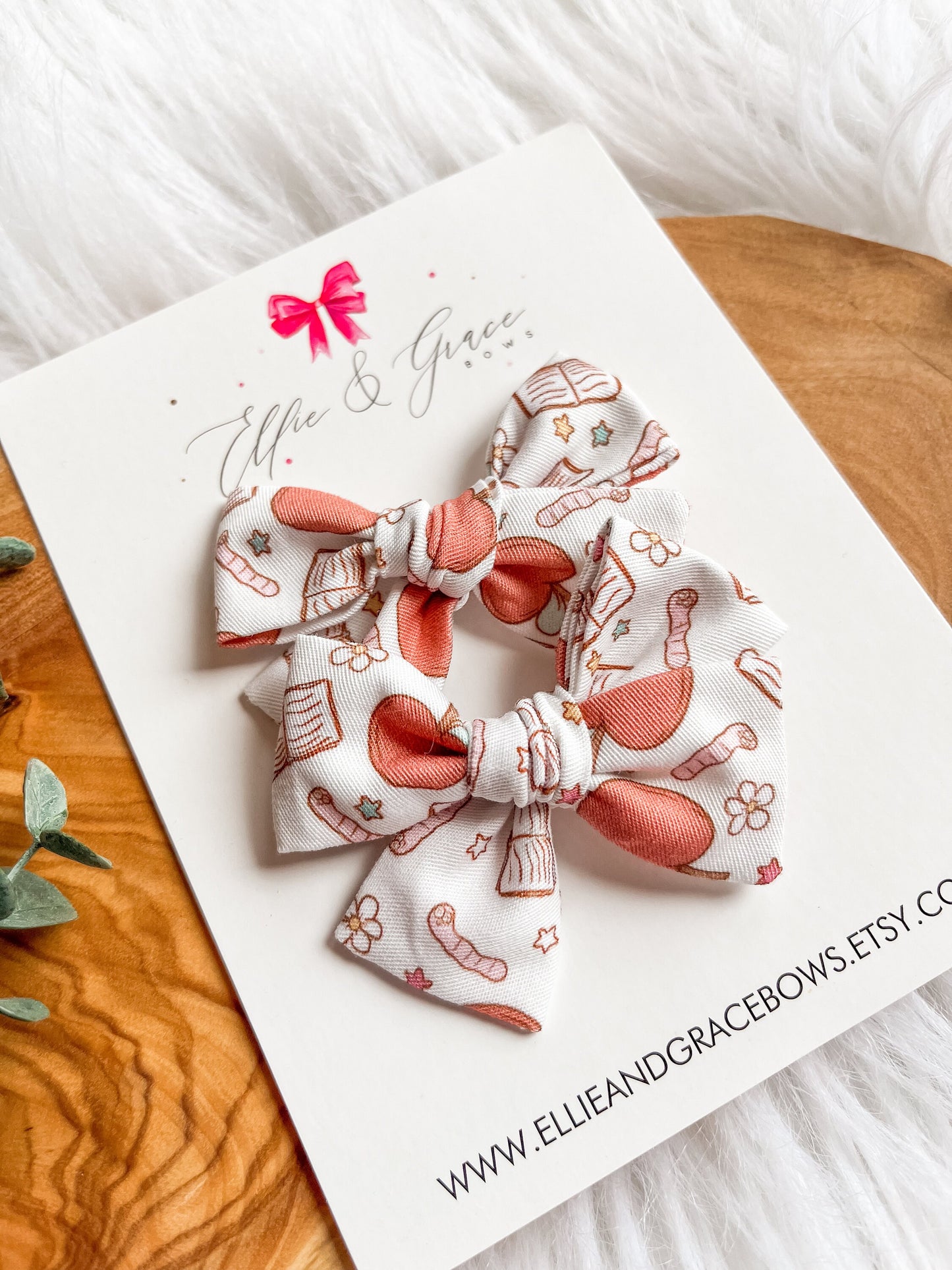 Back to School Pigtail Bows: Books & Apples Cotton Hair Clips