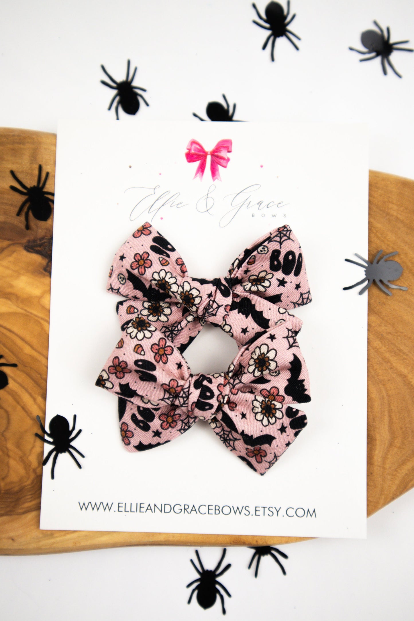 Bat Hair Bows: Pink & Black Halloween Pigtail Set