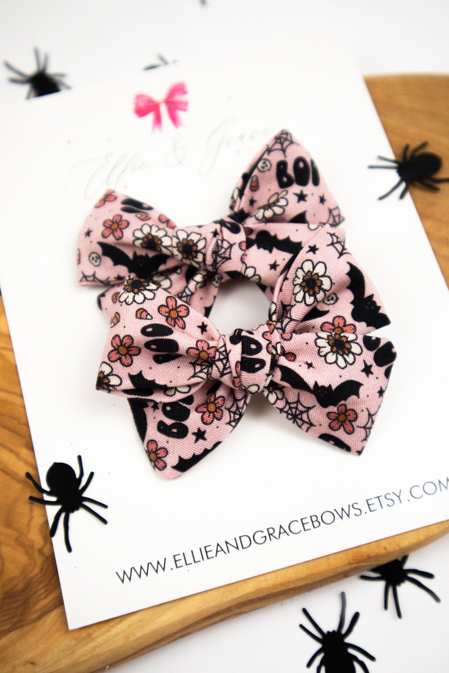 Bat Hair Bows: Pink & Black Halloween Pigtail Set