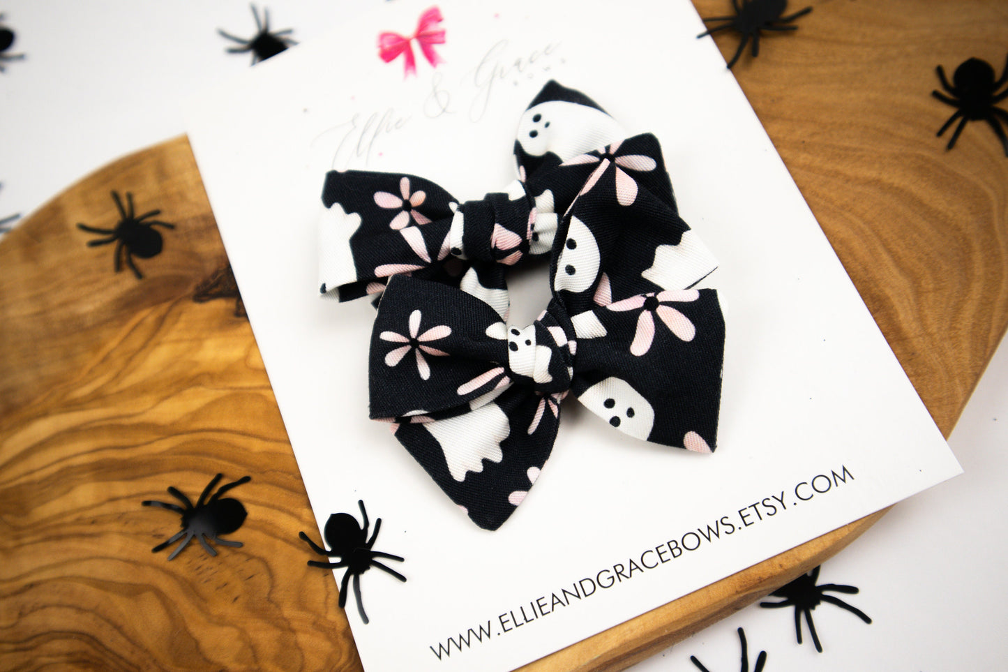 Ghost Hair Bows: Black & Pink Pinwheel Pigtail Set