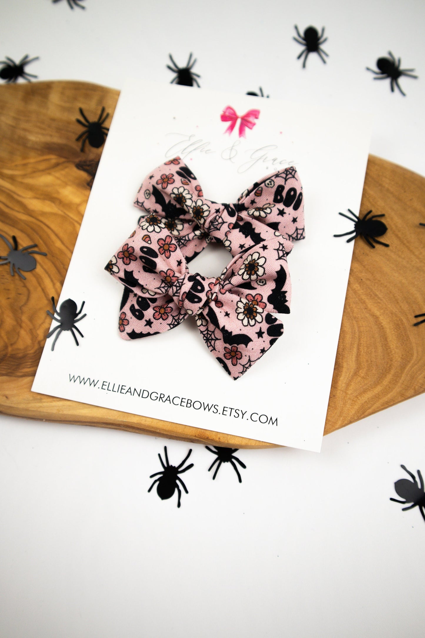Bat Hair Bows: Pink & Black Halloween Pigtail Set