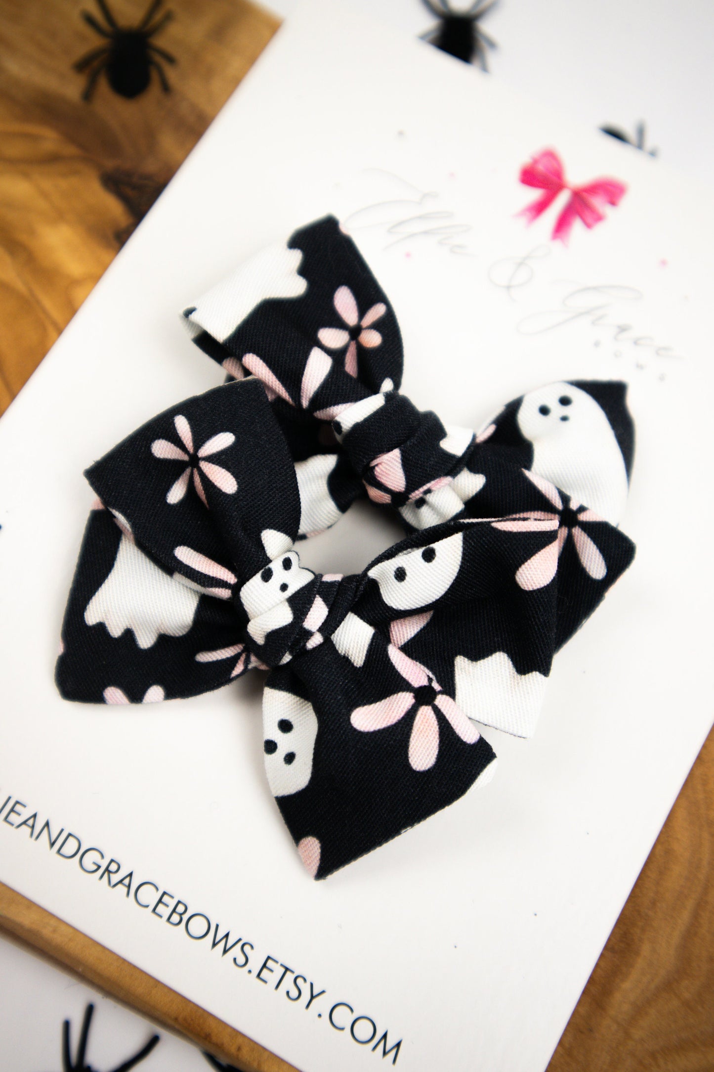 Ghost Hair Bows: Black & Pink Pinwheel Pigtail Set