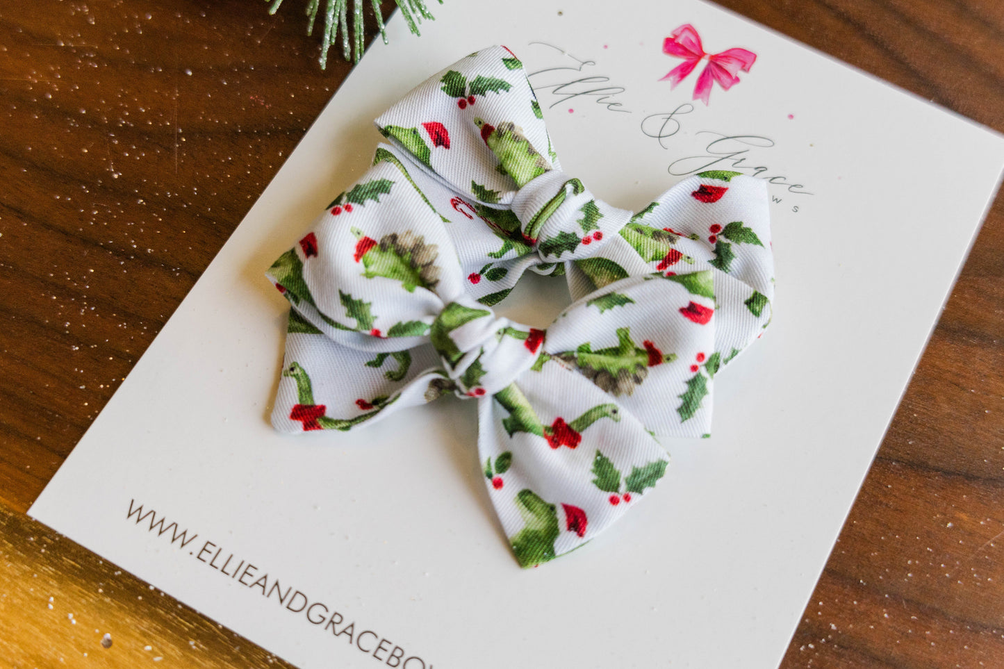 Christmas Dinosaur Pigtail Bow Set - Hand Tied Bows