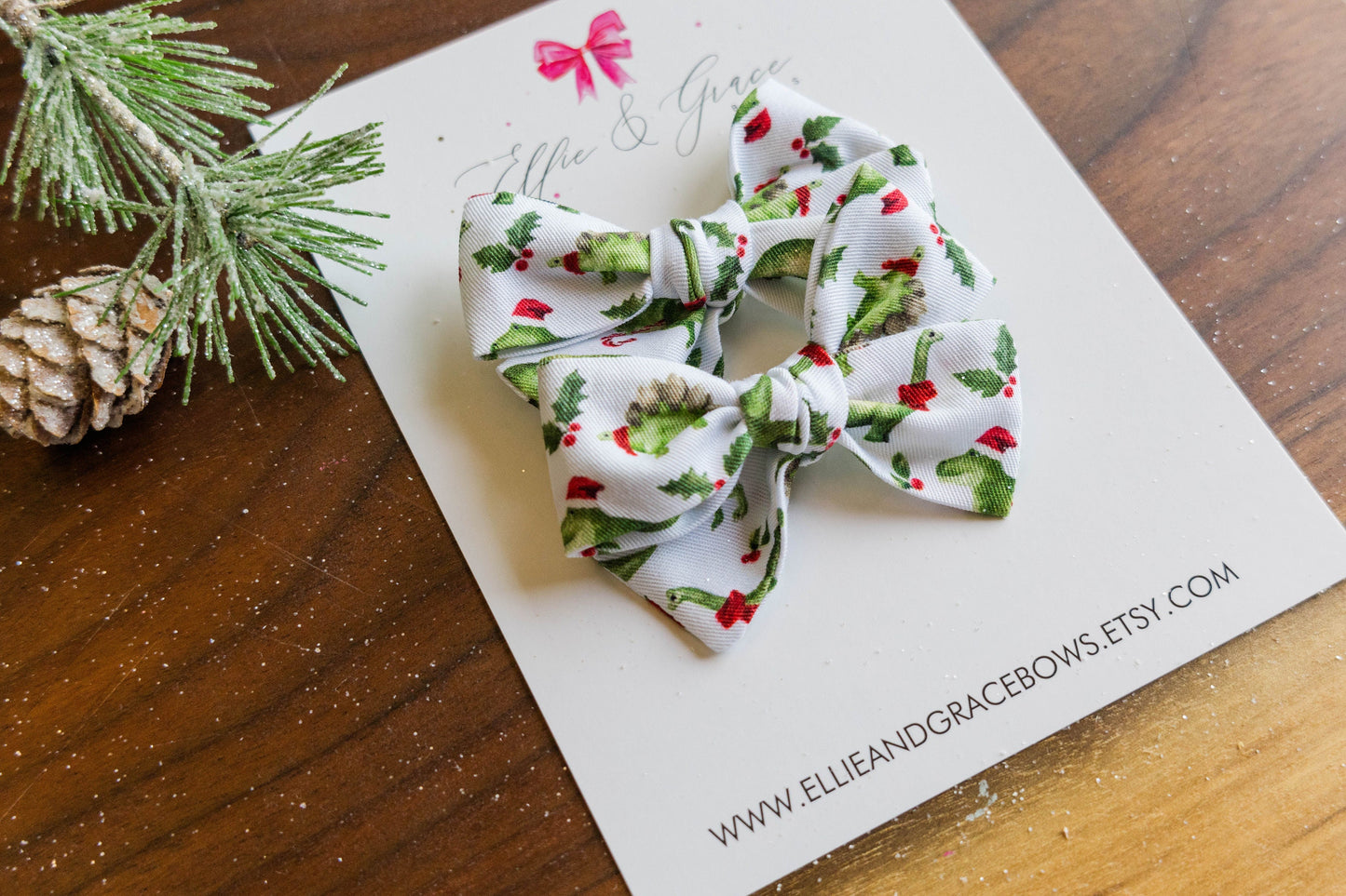 Christmas Dinosaur Pigtail Bow Set - Hand Tied Bows