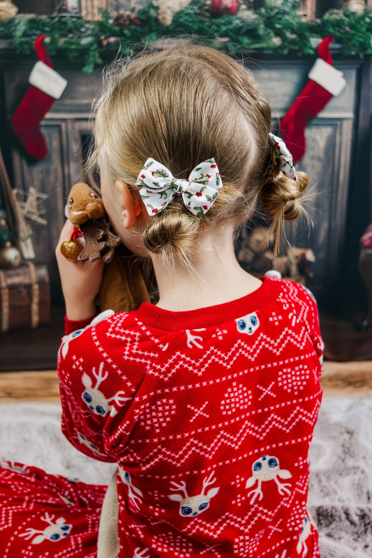 Christmas Dinosaur Pigtail Bow Set - Hand Tied Bows