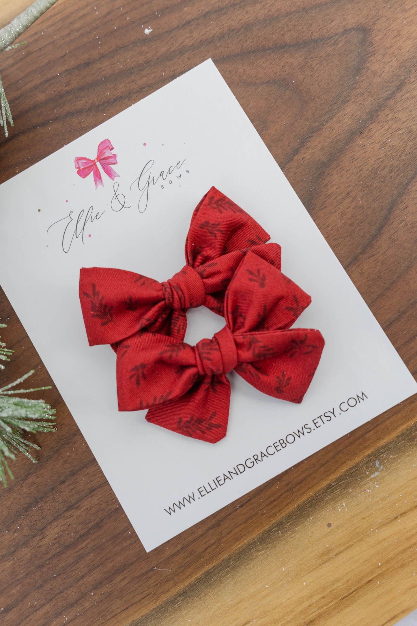 Red Floral Pigtail Bows: Cotton Hair Bow Set
