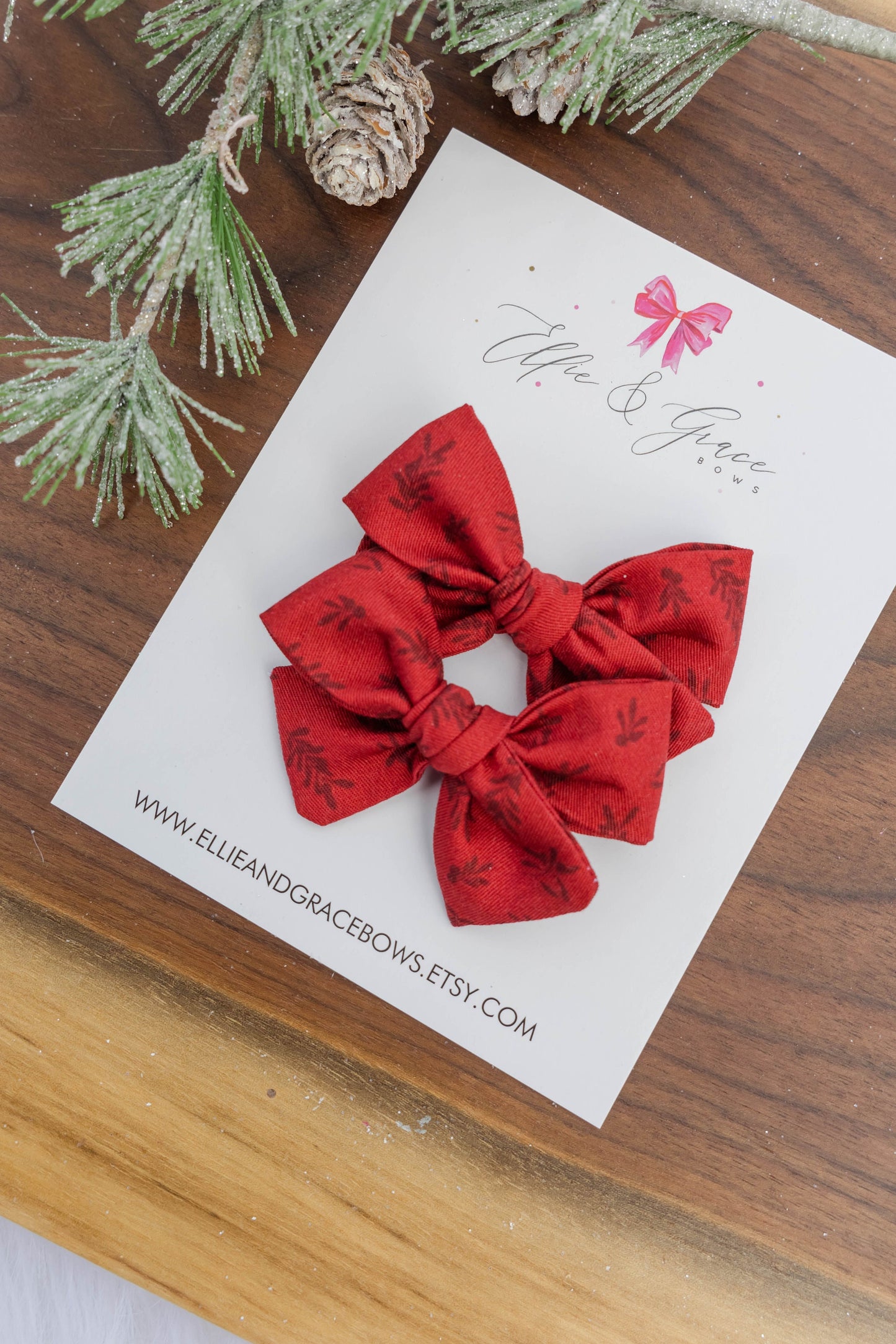 Red Floral Pigtail Bows: Cotton Hair Bow Set