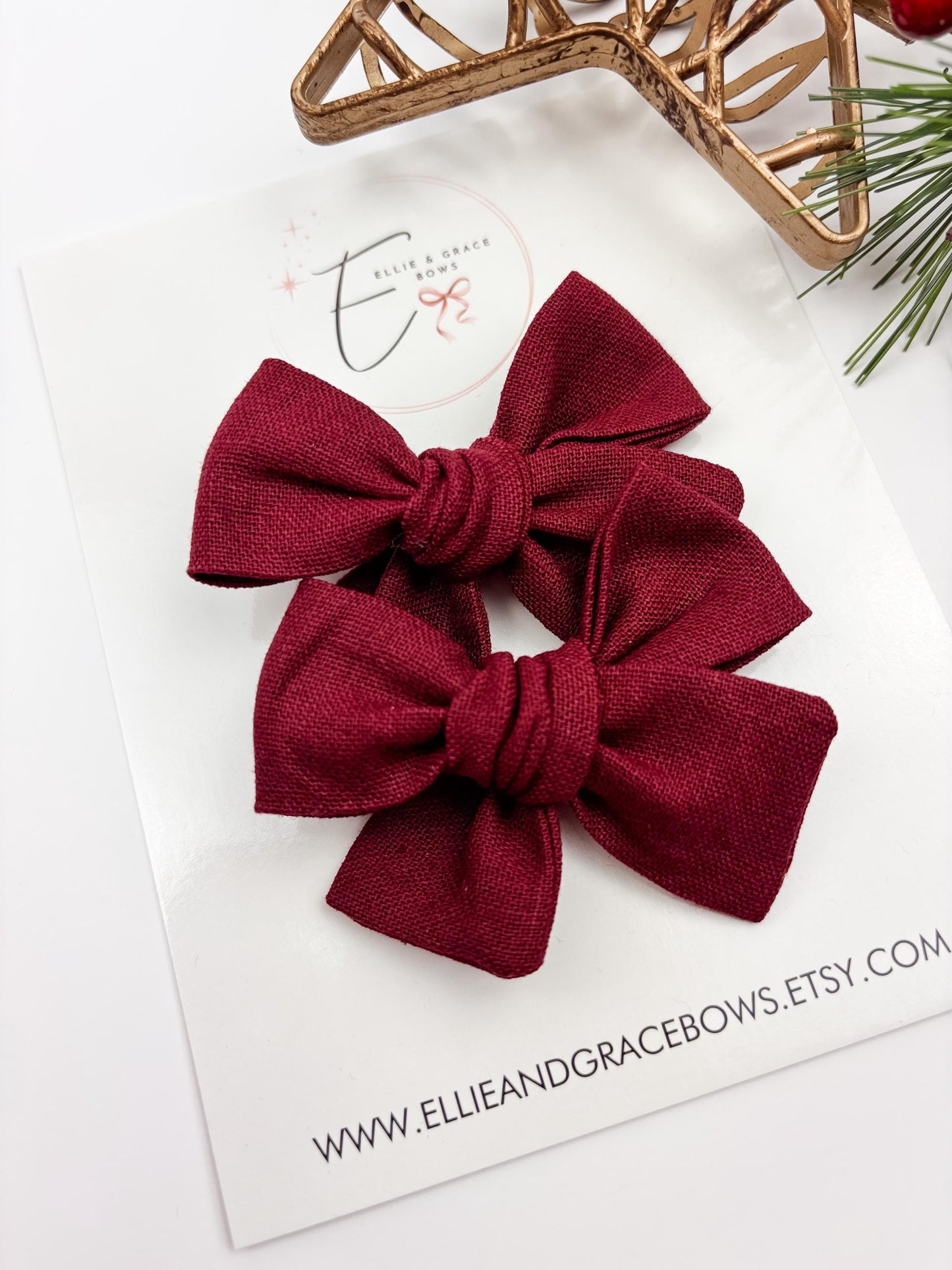 Cotton Linen Burgundy Toddler Girl Pigtail Bows