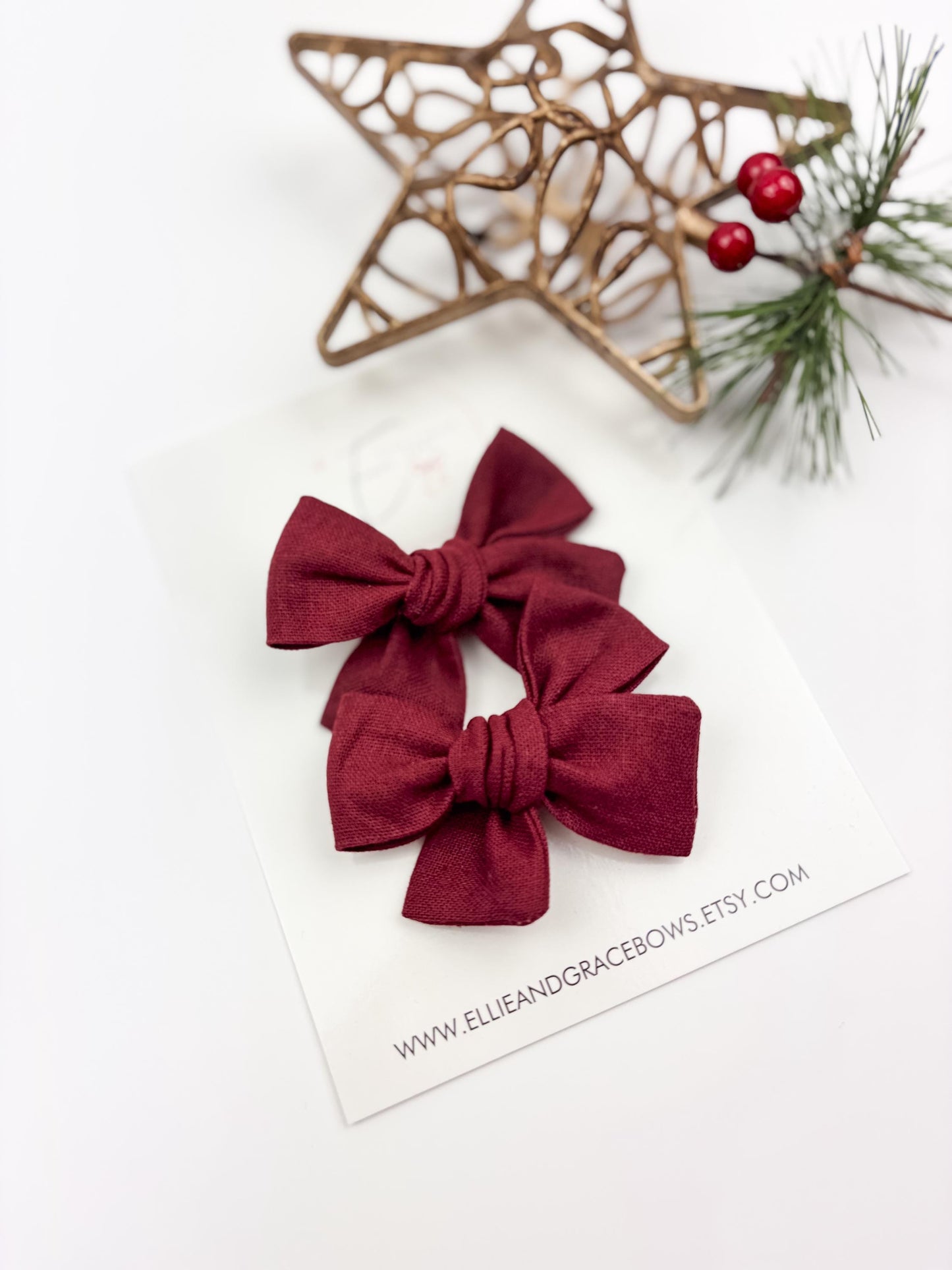 Cotton Linen Burgundy Toddler Girl Pigtail Bows