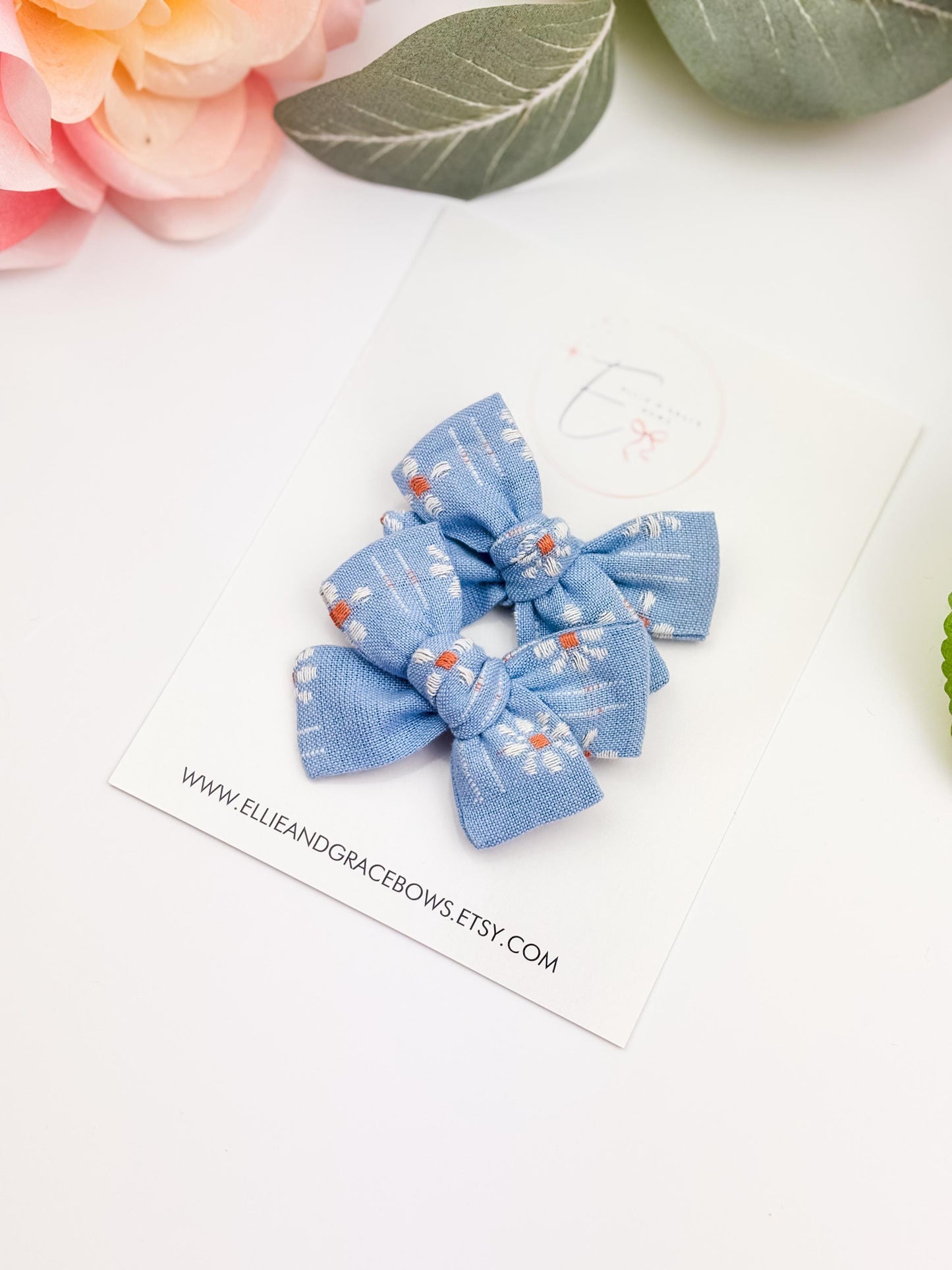 Light Blue Floral Pigtail Bow Set - Chunky Pinwheel Baby Bow