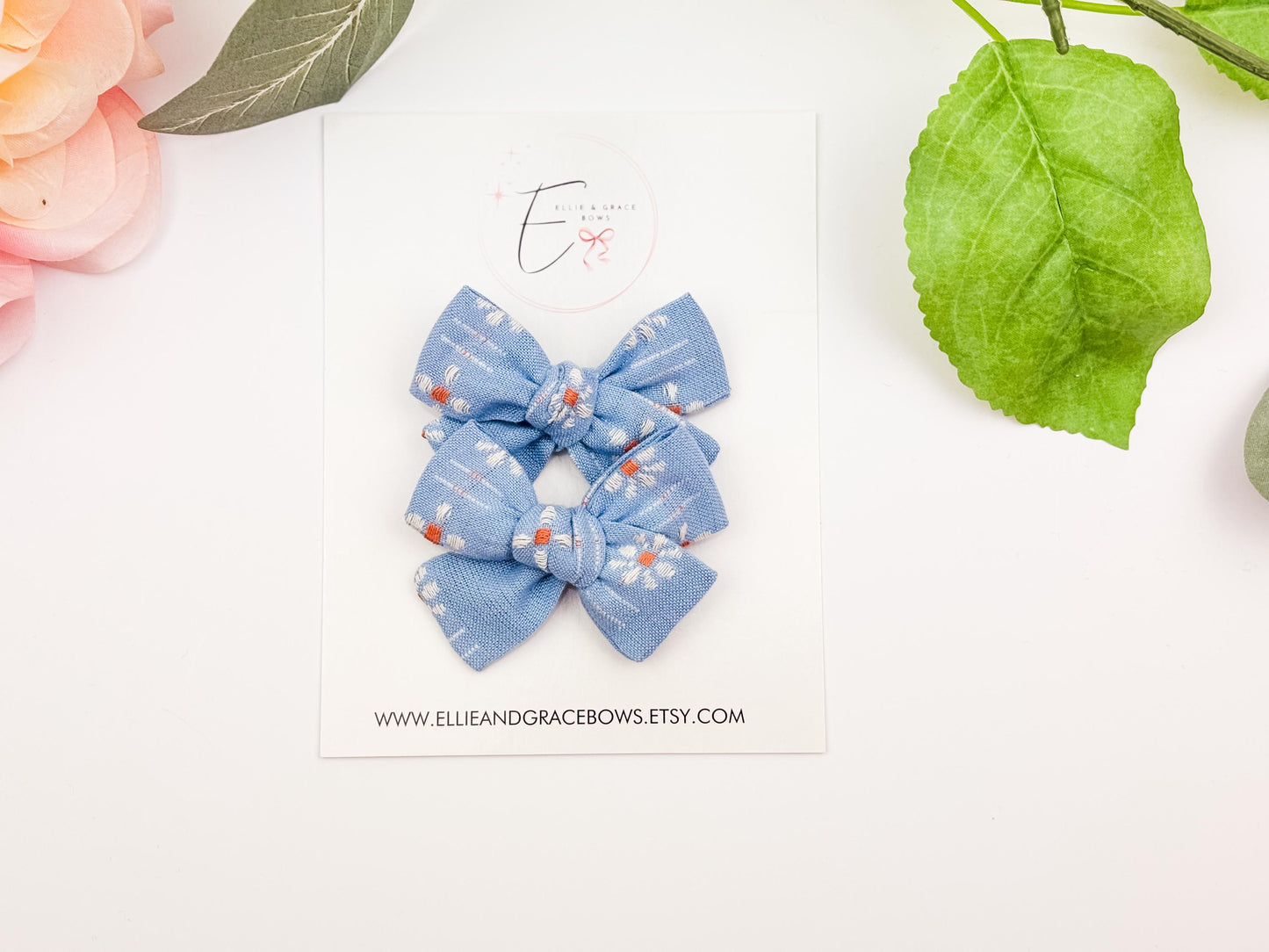Light Blue Floral Pigtail Bow Set - Chunky Pinwheel Baby Bow