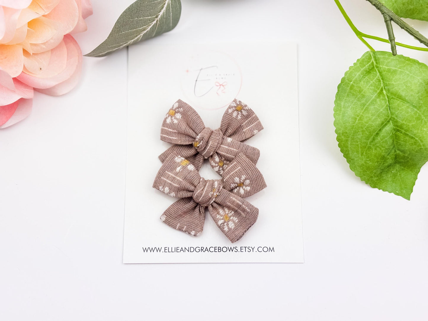 Floral Cotton Pigtail Bow Set: Light Brown Baby Hair Bows