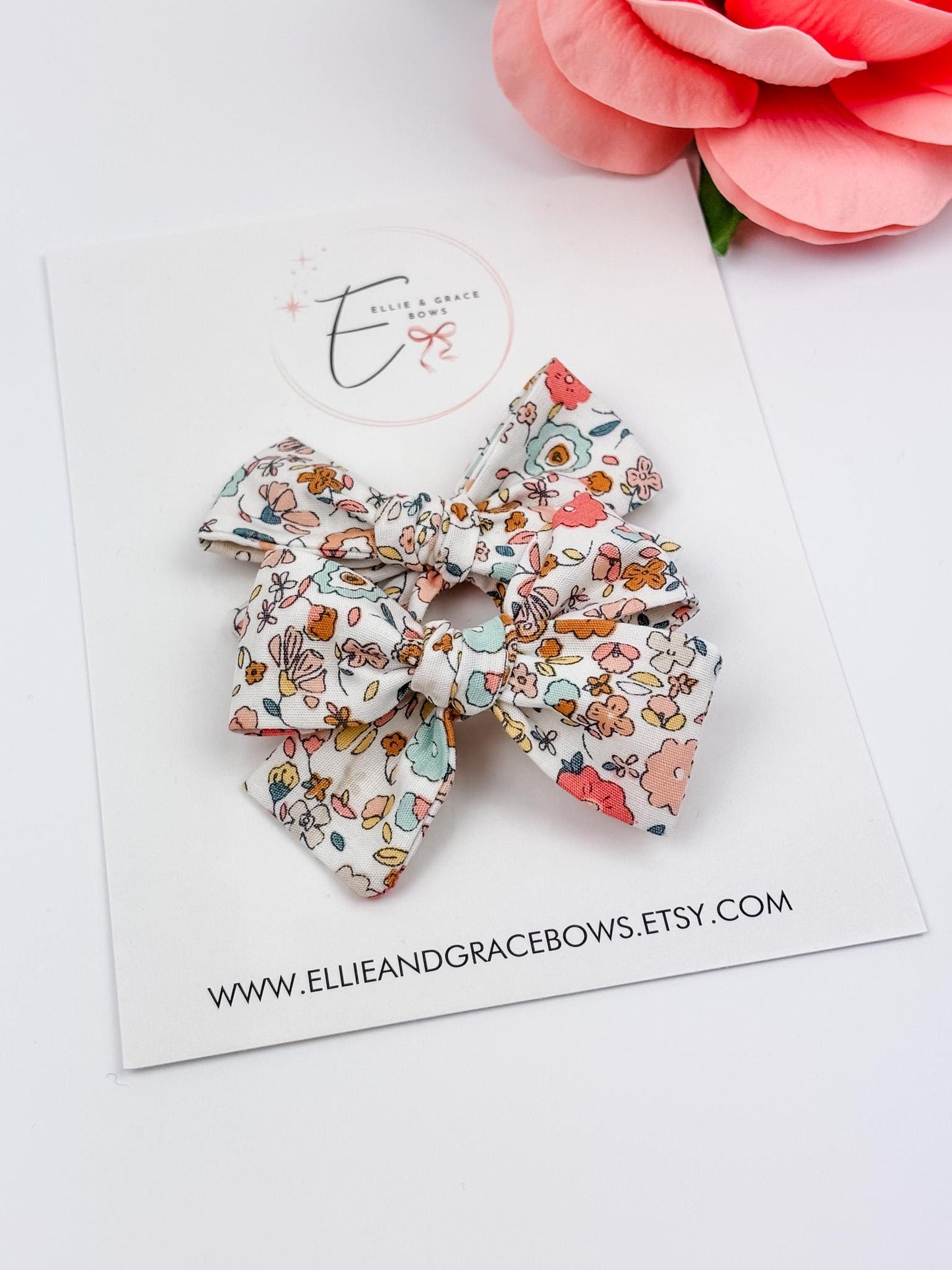 Floral Cotton Pigtail Bows - Set of 2 - Baby Hair Clips or Headbands