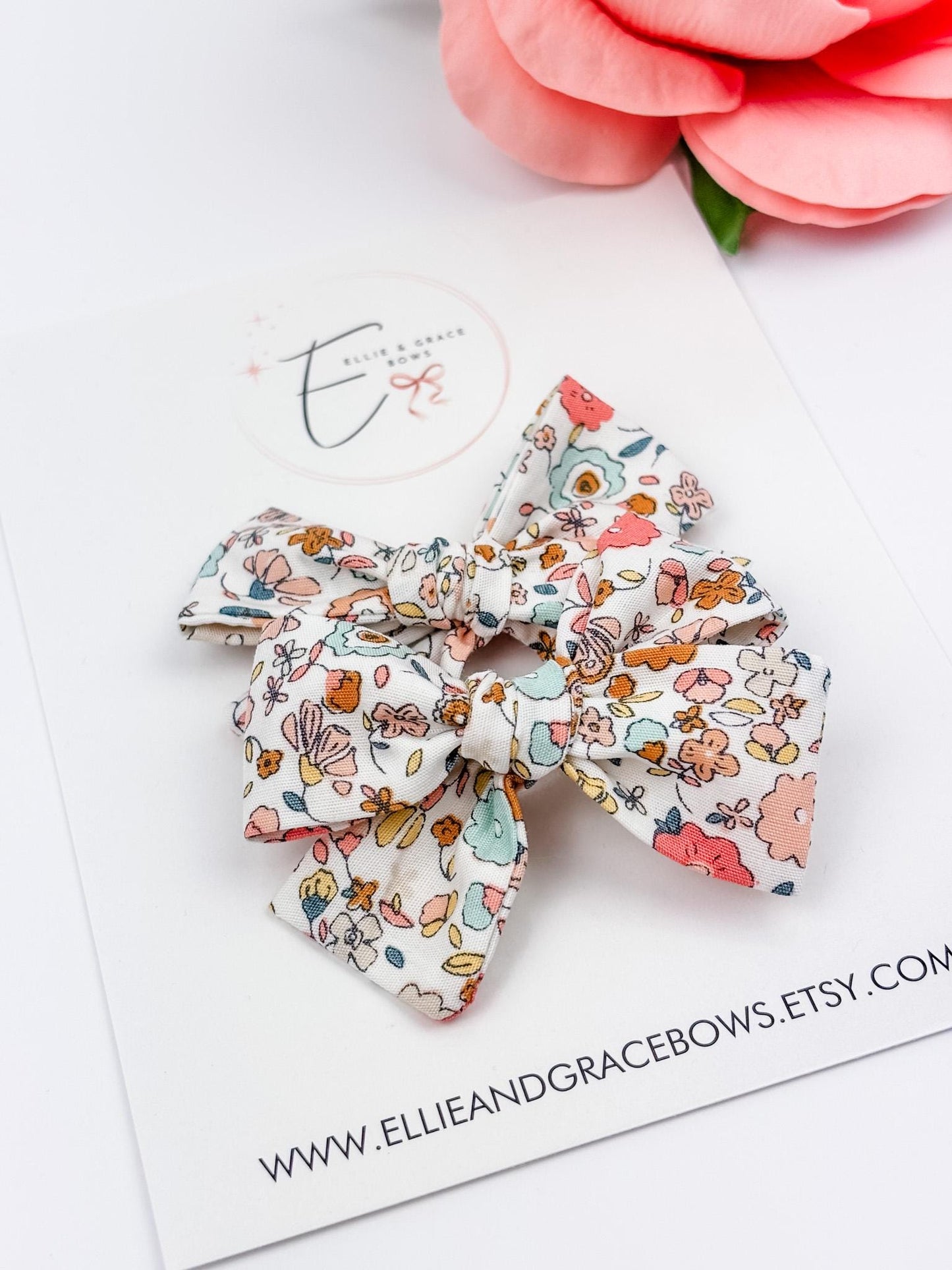 Floral Cotton Pigtail Bows - Set of 2 - Baby Hair Clips or Headbands