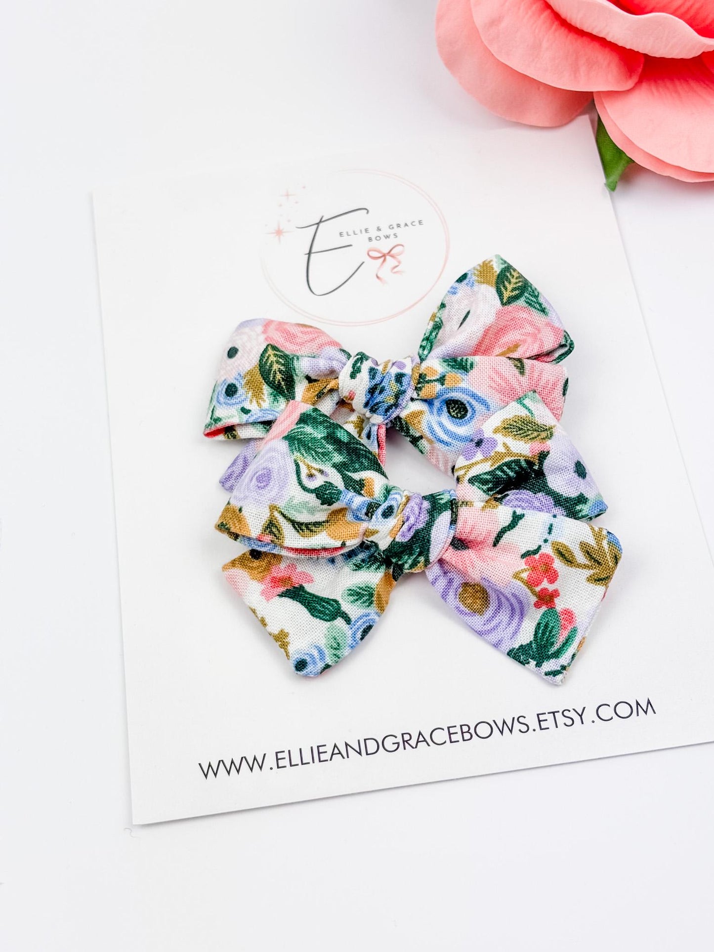 Floral Cotton Pigtail Bows - Set of 2 - Baby Girl Hair Clips or Headbands