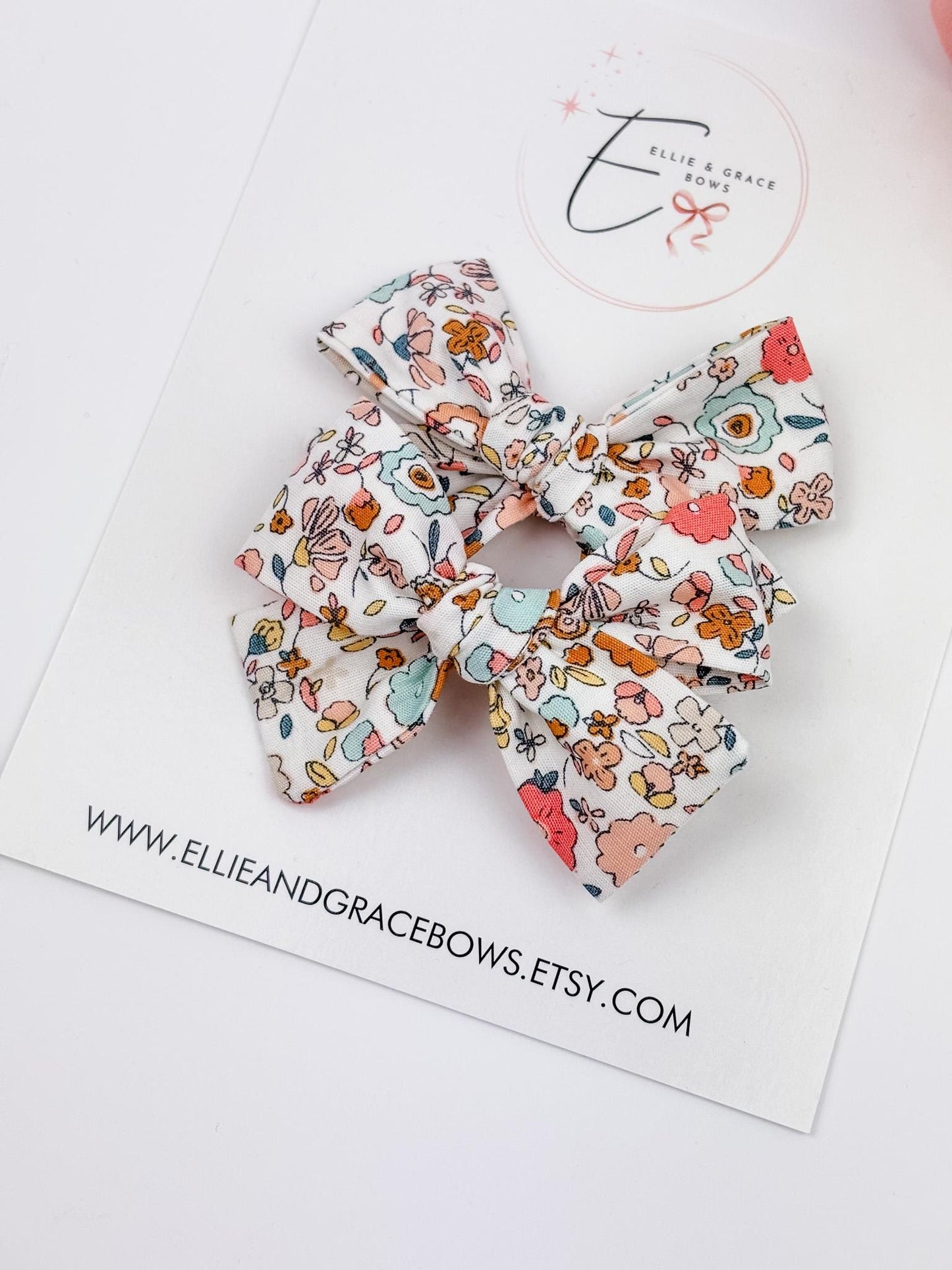 Floral Cotton Pigtail Bows - Set of 2 - Baby Hair Clips or Headbands