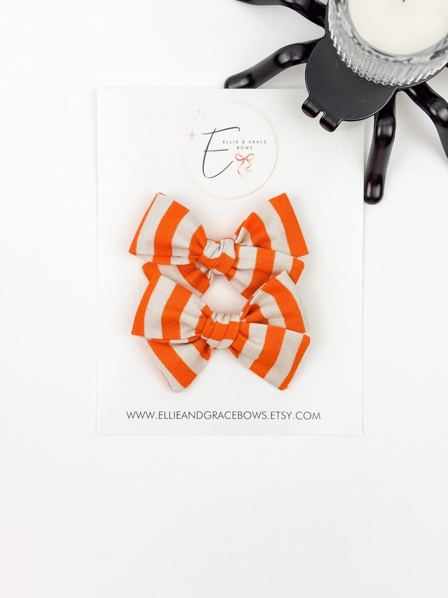 Halloween Cotton Pigtail Bow Set - Orange & White Stripe Hair Bows