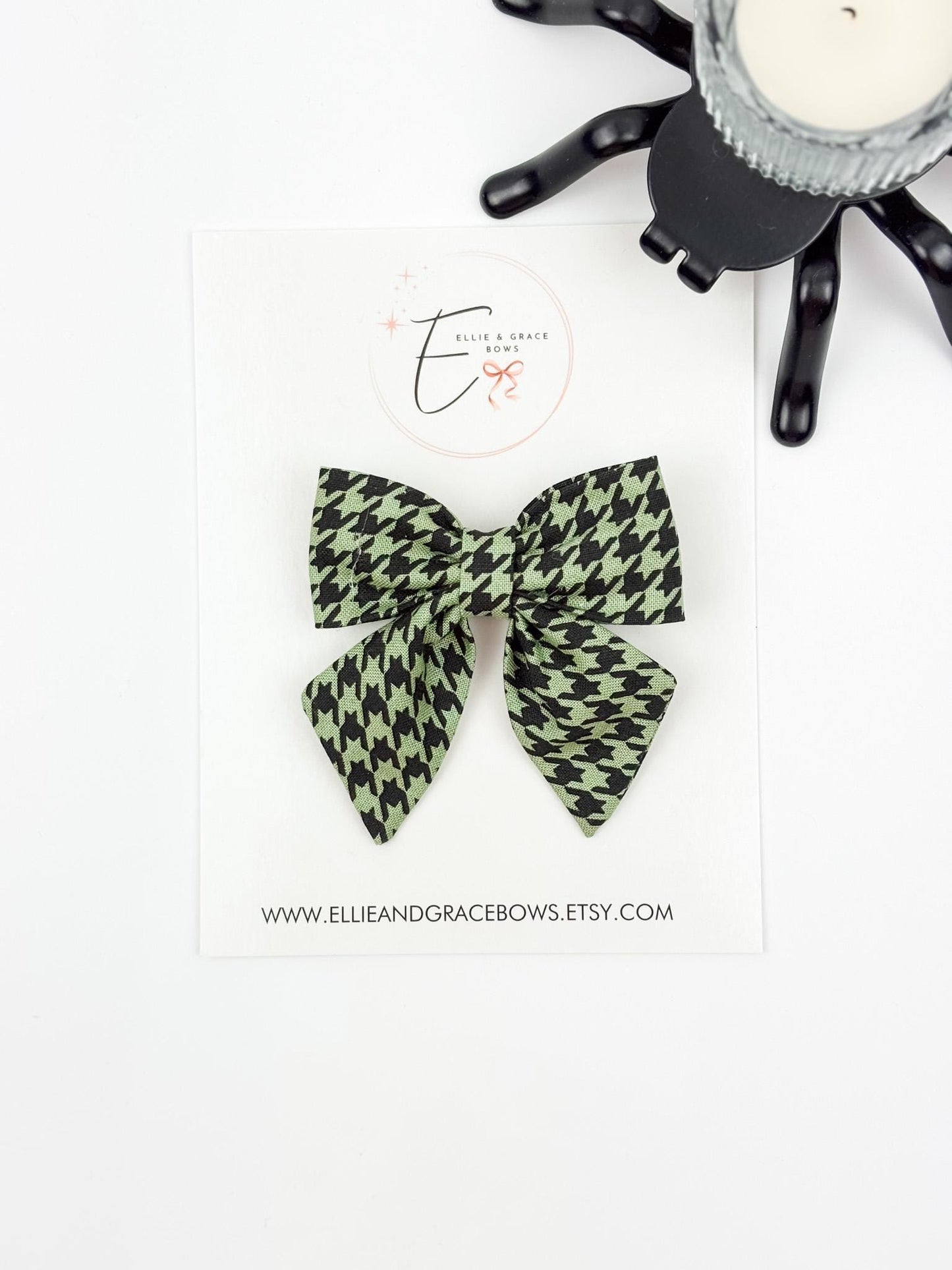 Halloween Cotton Pigtail Bow Set | Green & Black Houndstooth Hair Bows