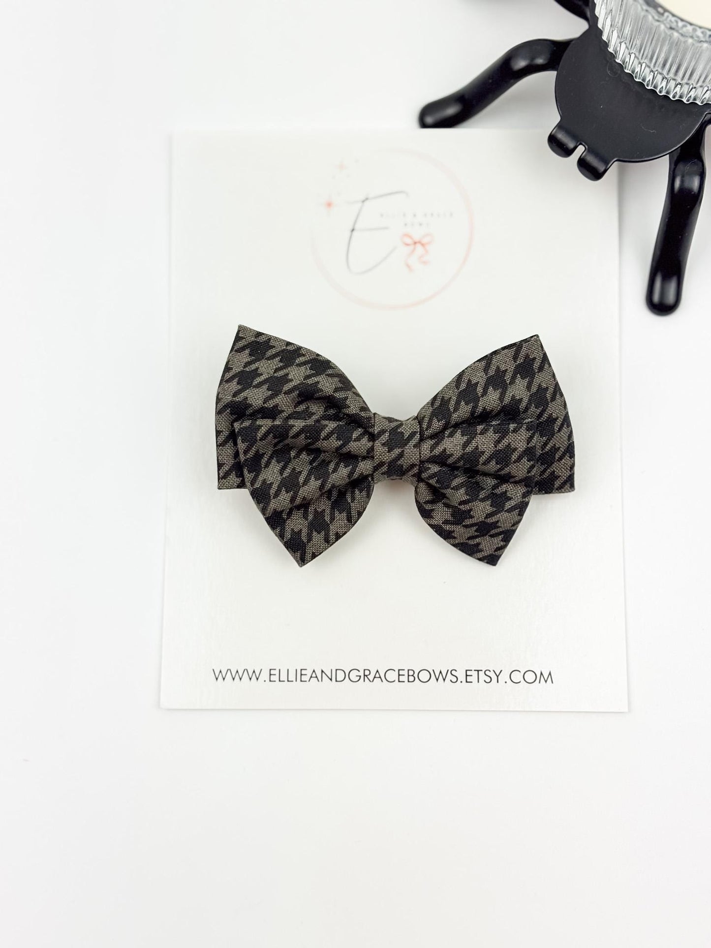 Halloween Cotton Hair Bow | Black & Gray Houndstooth Bow or Pigtail Set