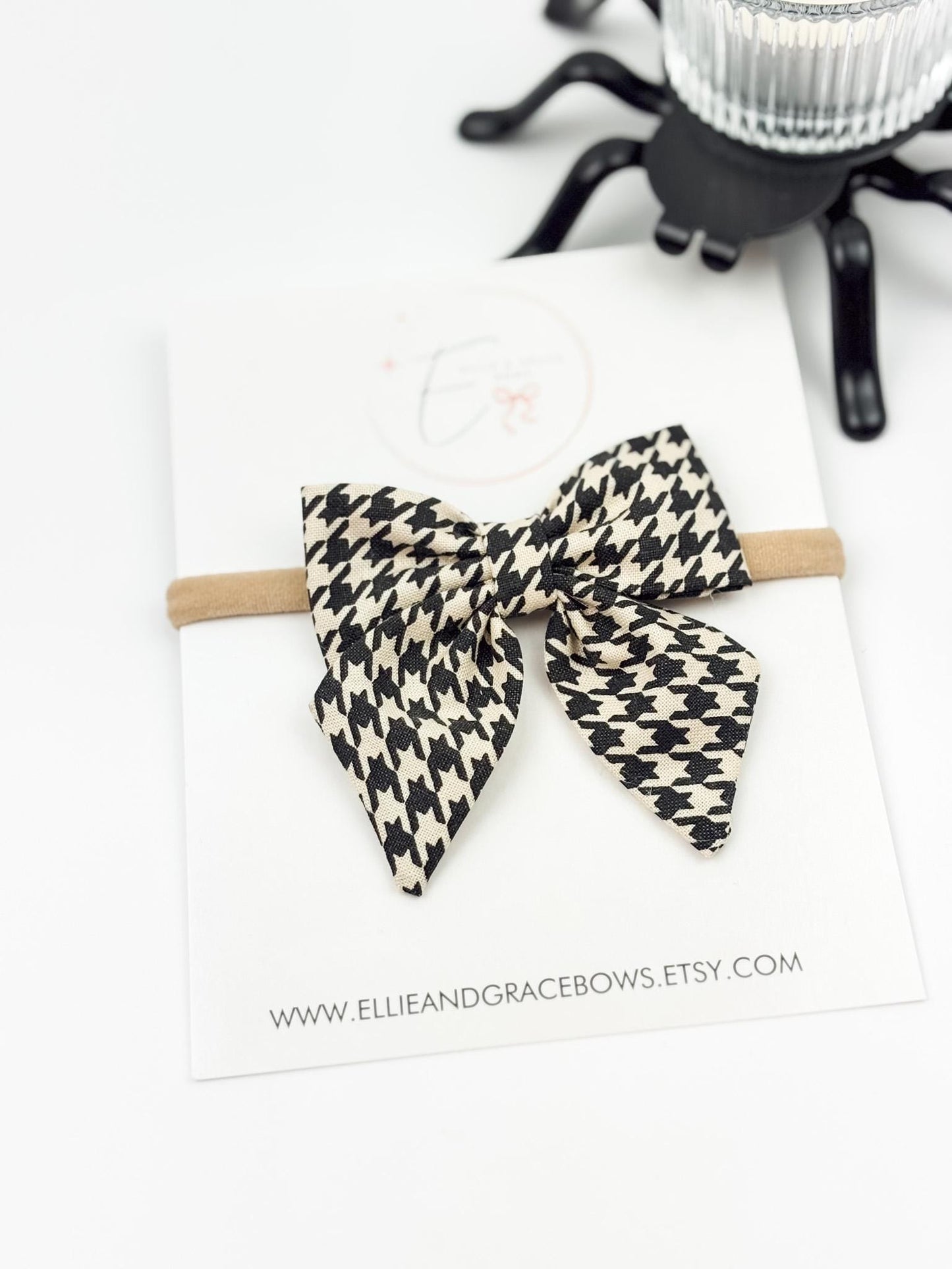 Halloween Cotton Sailor Bow | Black & Ivory Houndstooth Hair Bow