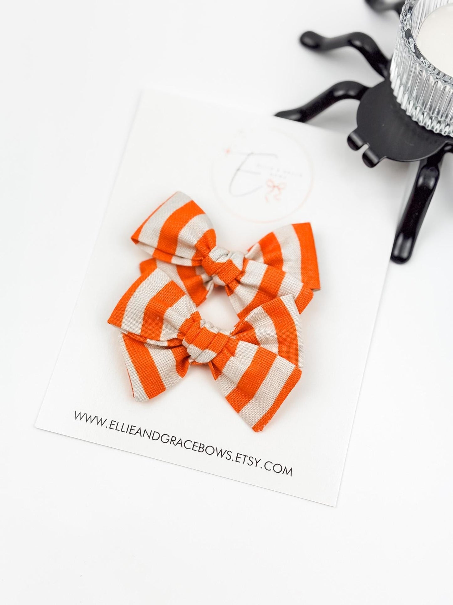 Halloween Cotton Pigtail Bow Set - Orange & White Stripe Hair Bows