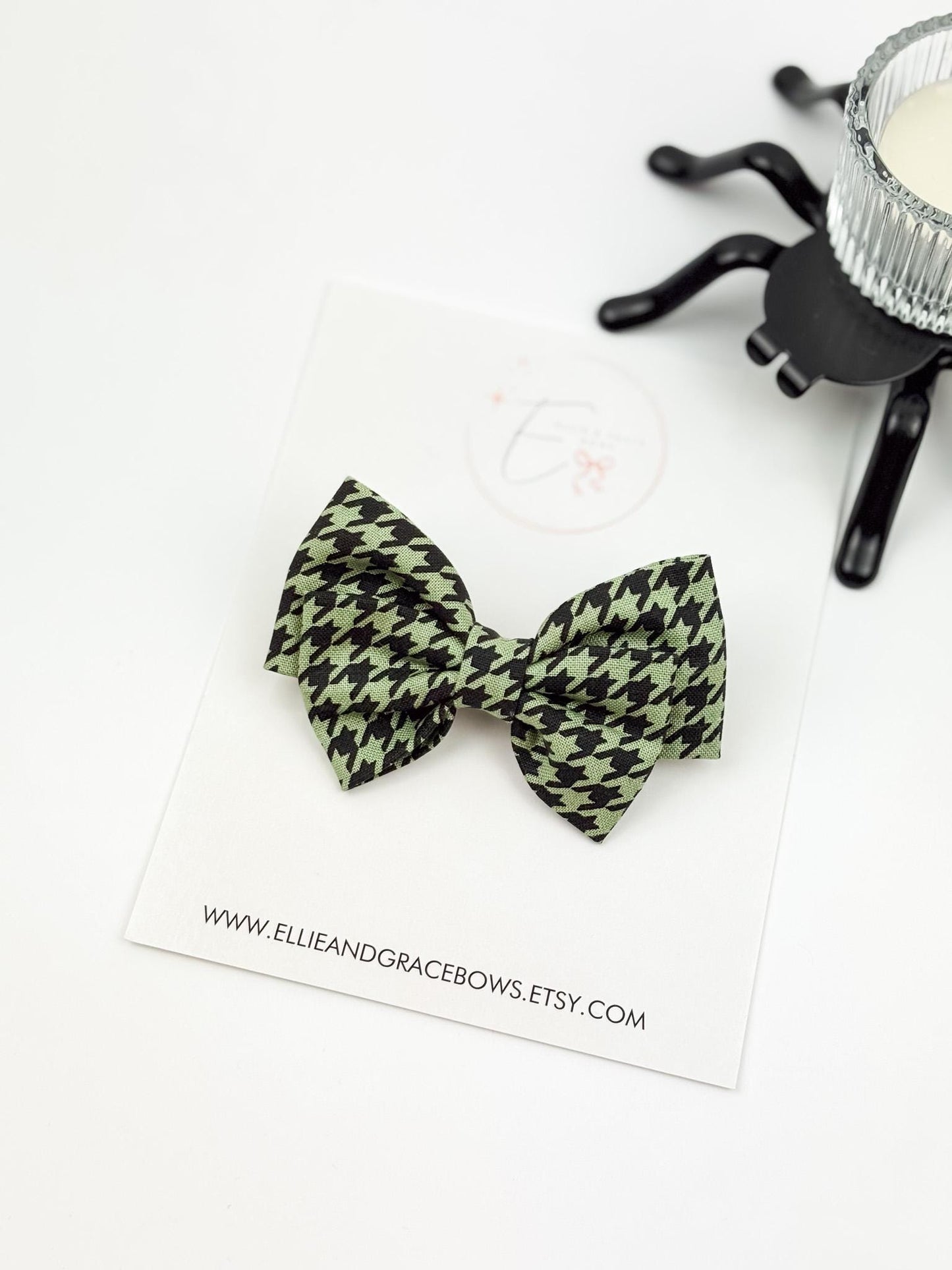 Green - Black Houndstooth Bow or Pigtail Set | Baby, Toddler & Girls Hair Accessories
