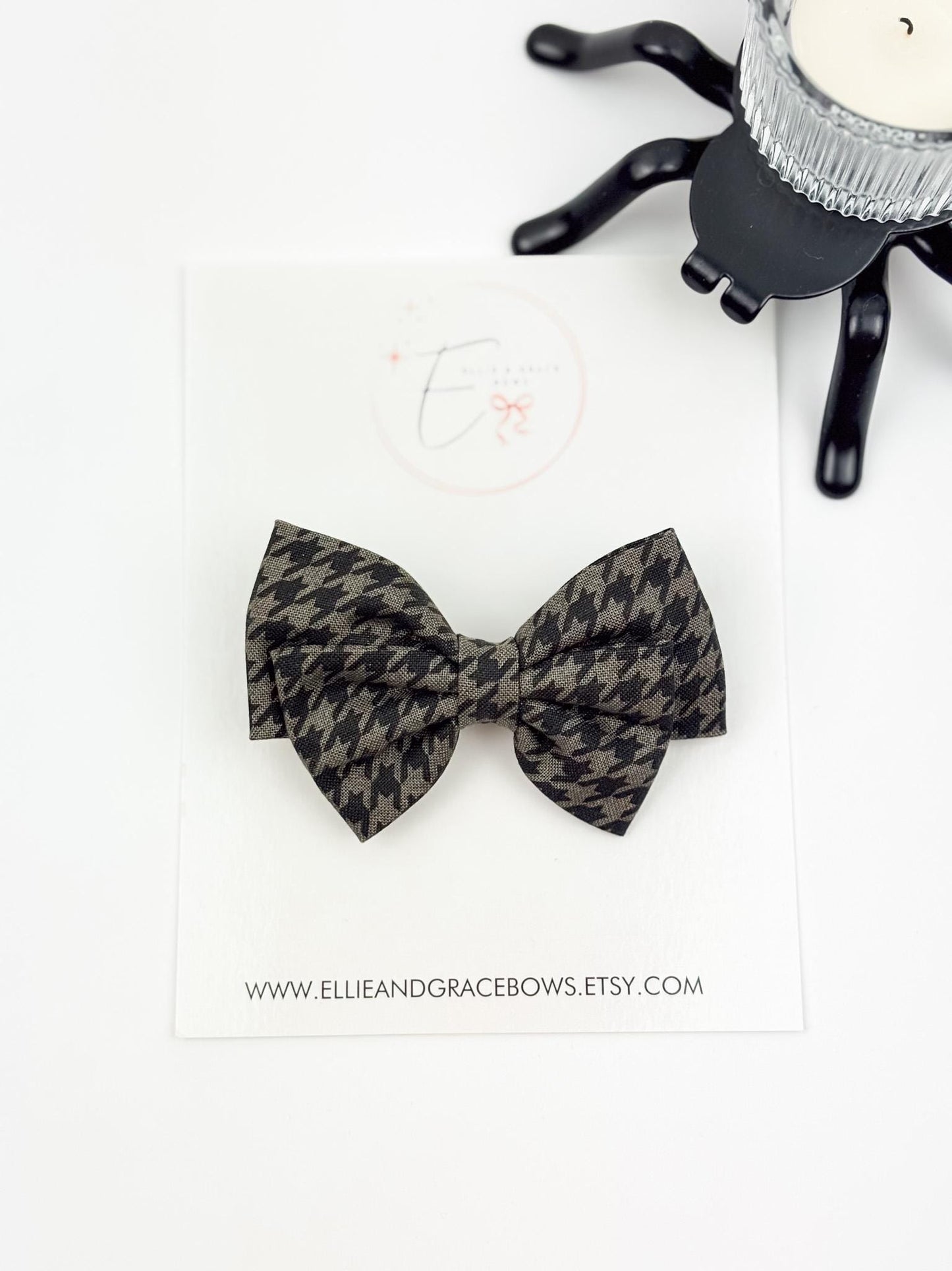 Halloween Cotton Hair Bow | Black & Gray Houndstooth Bow or Pigtail Set