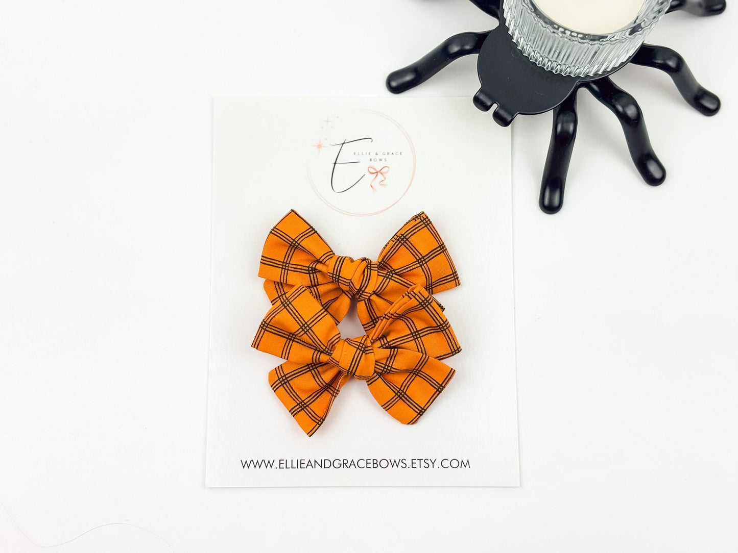 Halloween Cotton Pigtail Bow Set | Orange Plaid Hair Bows
