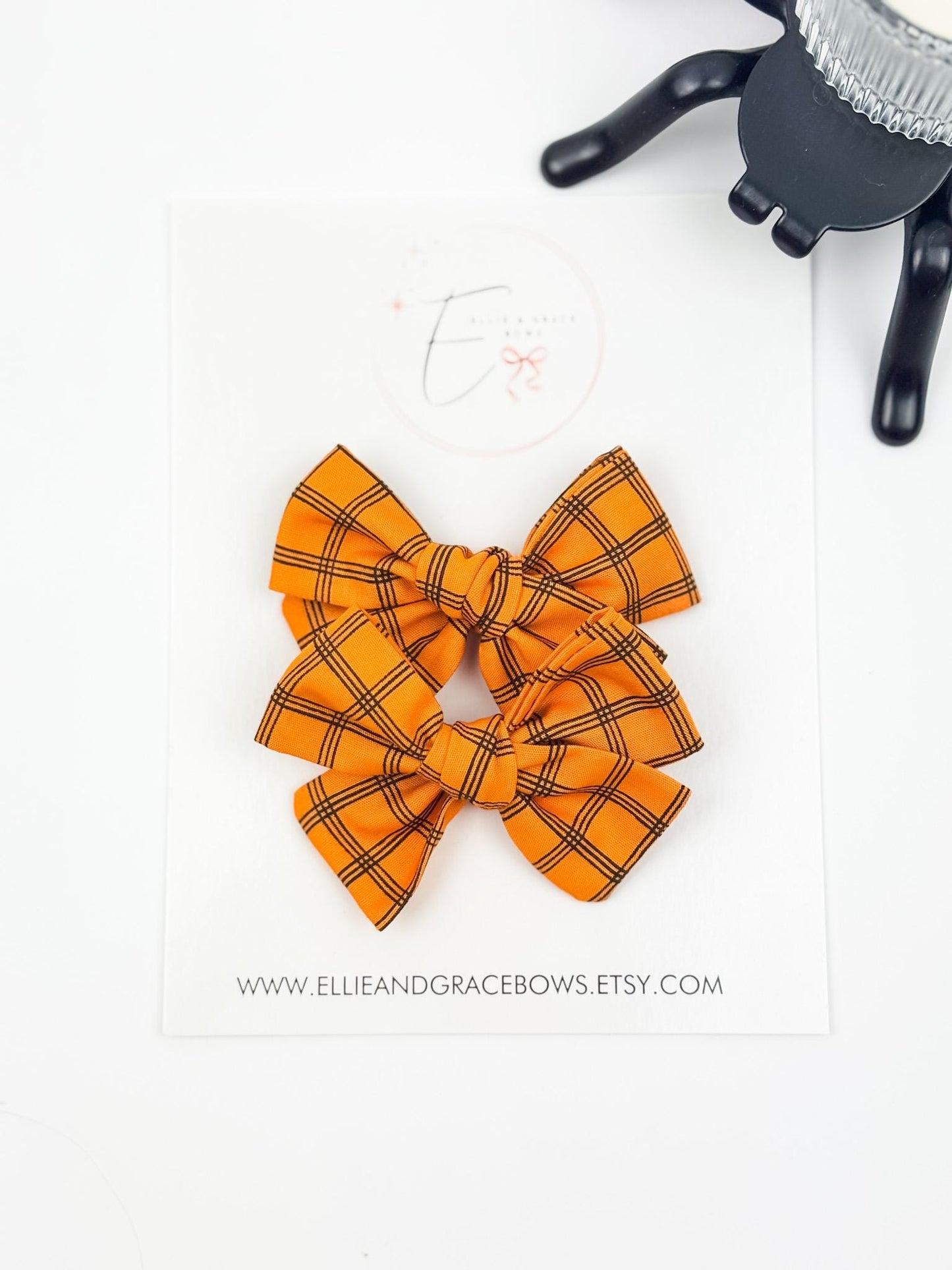 Halloween Cotton Pigtail Bow Set | Orange Plaid Hair Bows