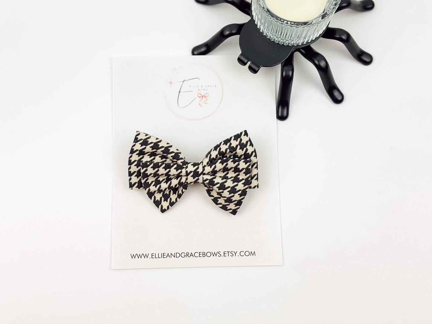 Halloween Cotton Hair Bow | Black & Ivory Houndstooth Bow