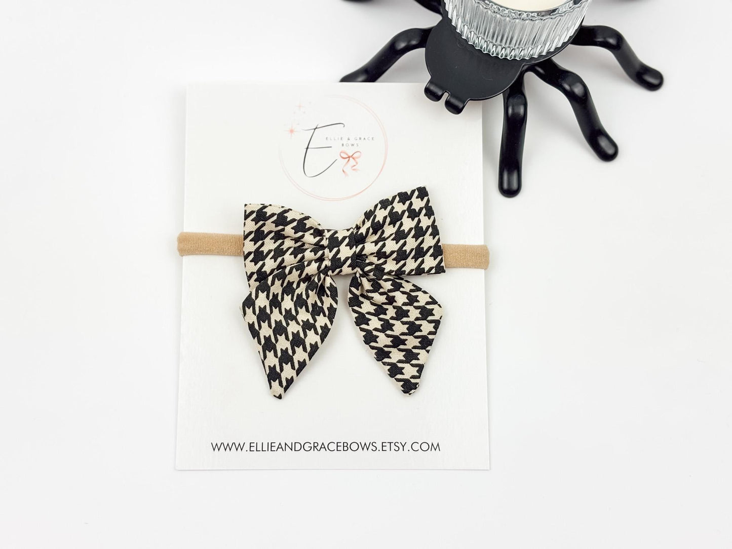 Halloween Cotton Sailor Bow | Black & Ivory Houndstooth Hair Bow