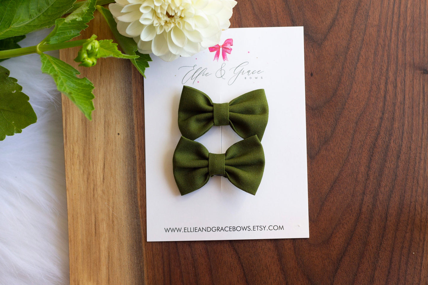 Avocado Green Pigtail Hair Bows: 2-inch Cotton Hair Clips