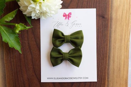 Avocado Green Pigtail Hair Bows: 2-inch Cotton Hair Clips
