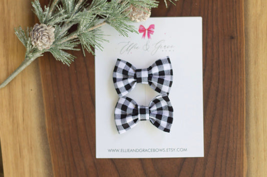 Buffalo Plaid Pigtail Bow Set: Black and White Hair Clips